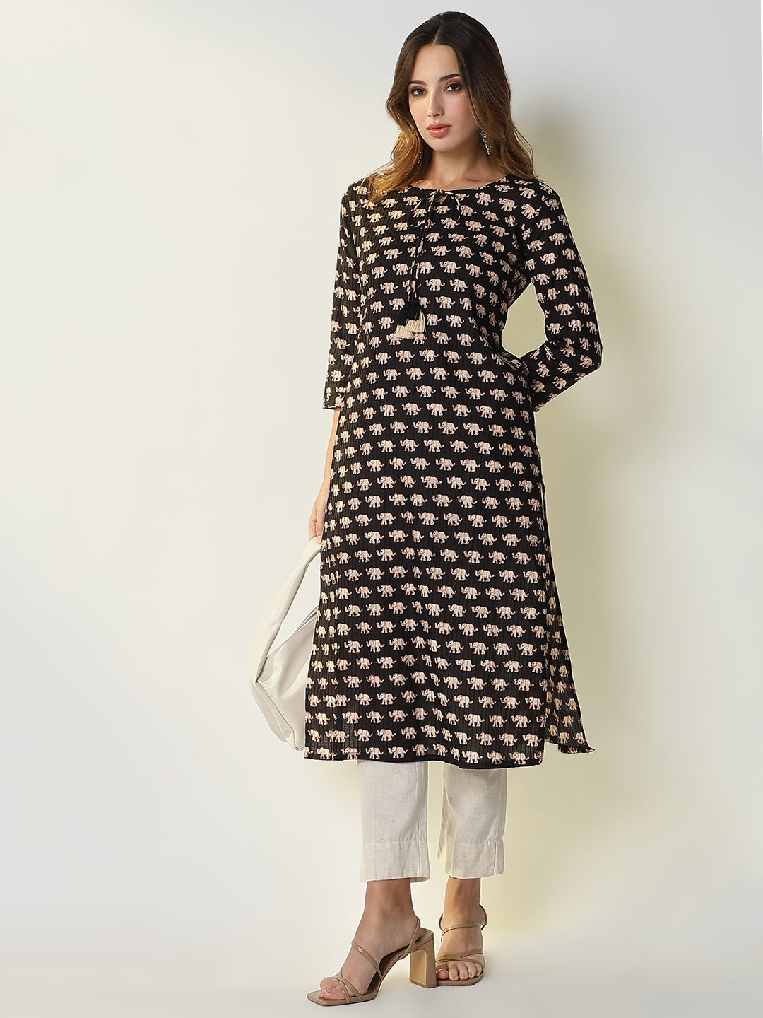 Women Black Animal Print Straight Kurta