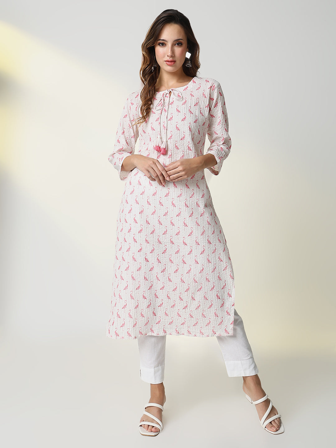 Women White Animal Print Straight Kurta