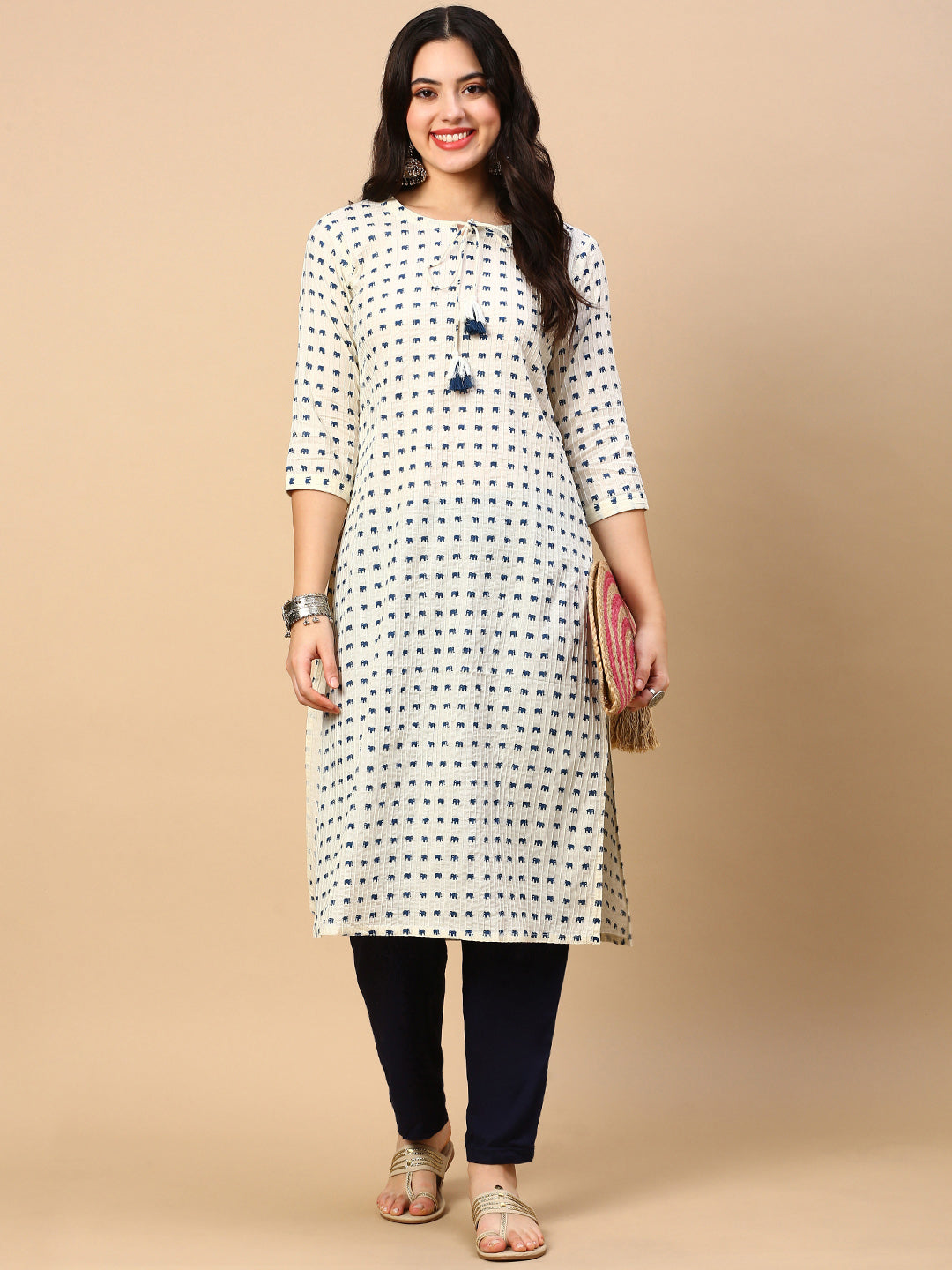 Women Cream Graphic Straight Kurta