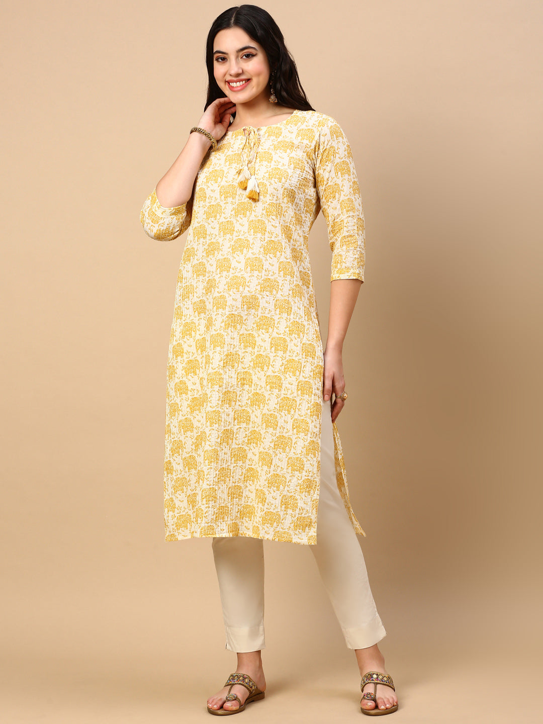 Women Yellow Graphic Straight Kurta