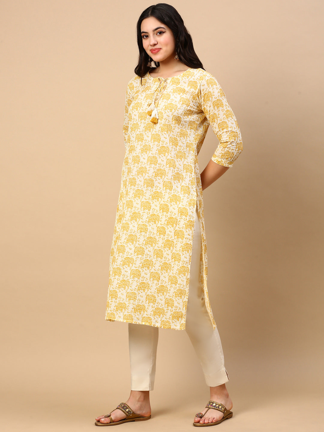 Women Yellow Graphic Straight Kurta