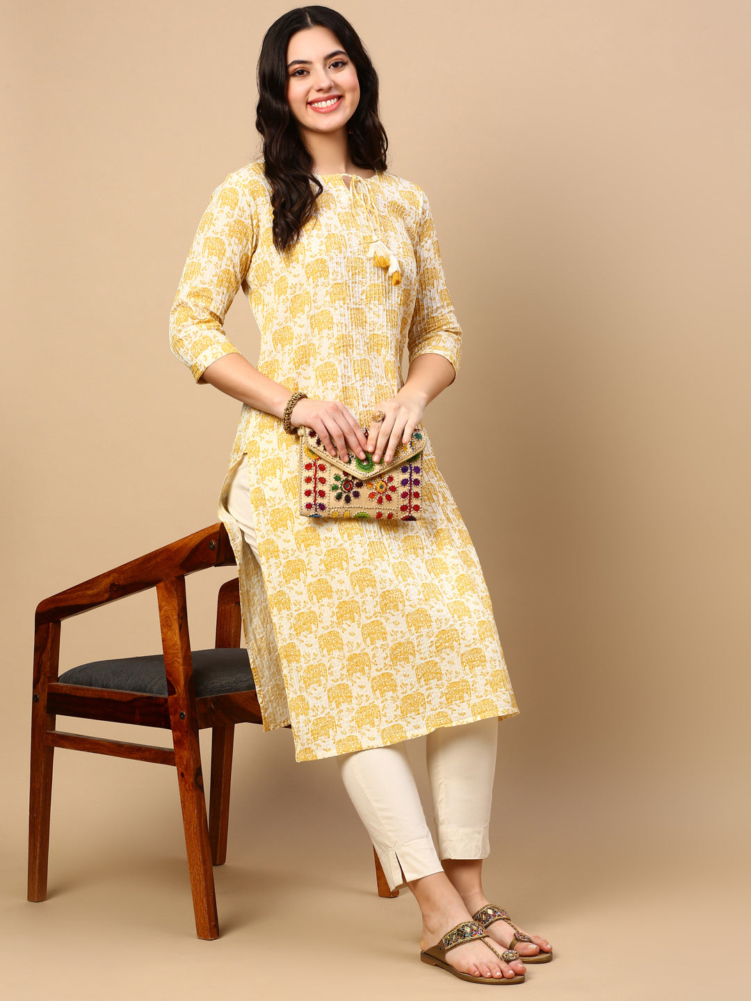 Women Yellow Graphic Straight Kurta