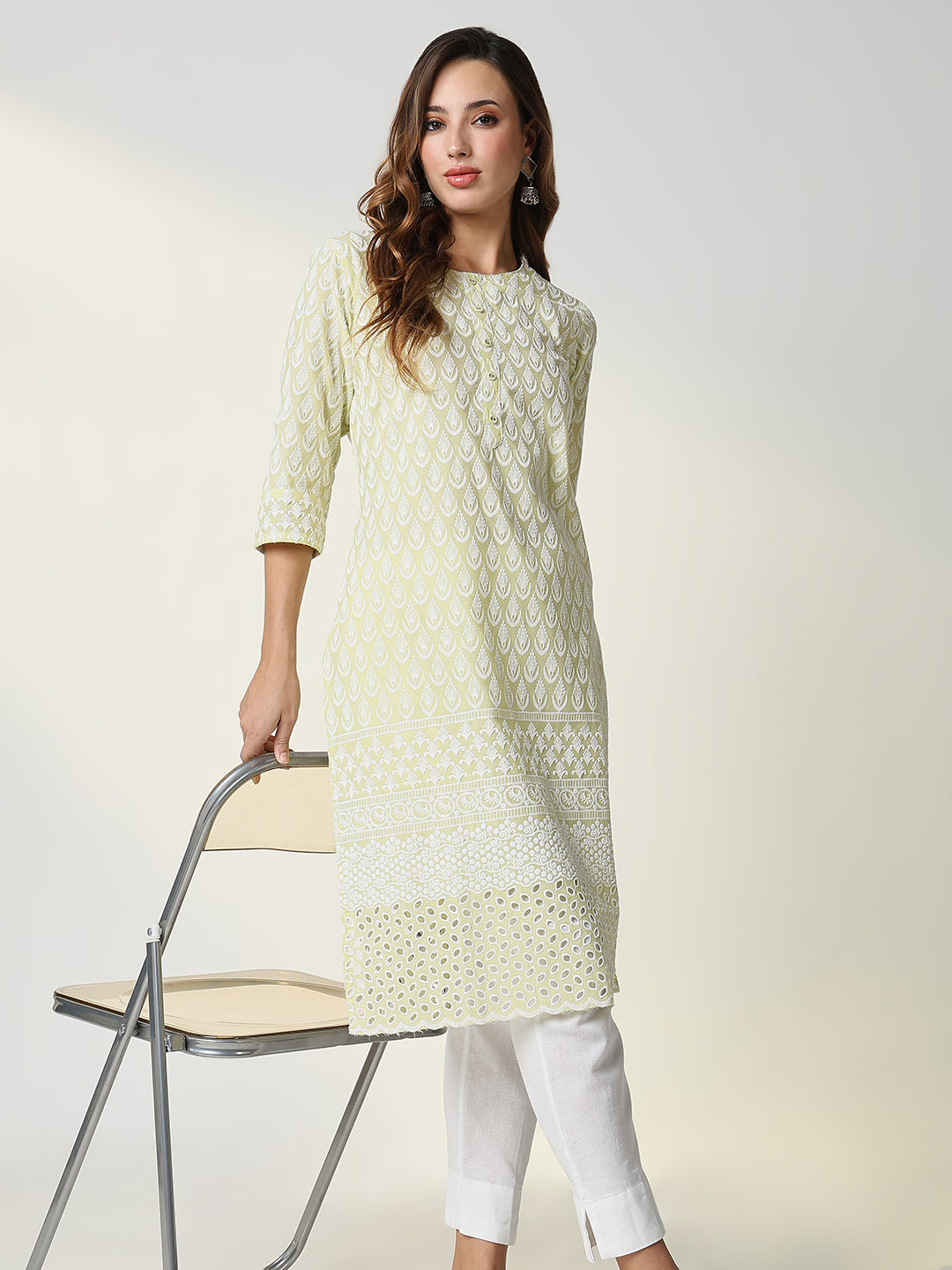 Women Yellow Embroidered Straight Kurta