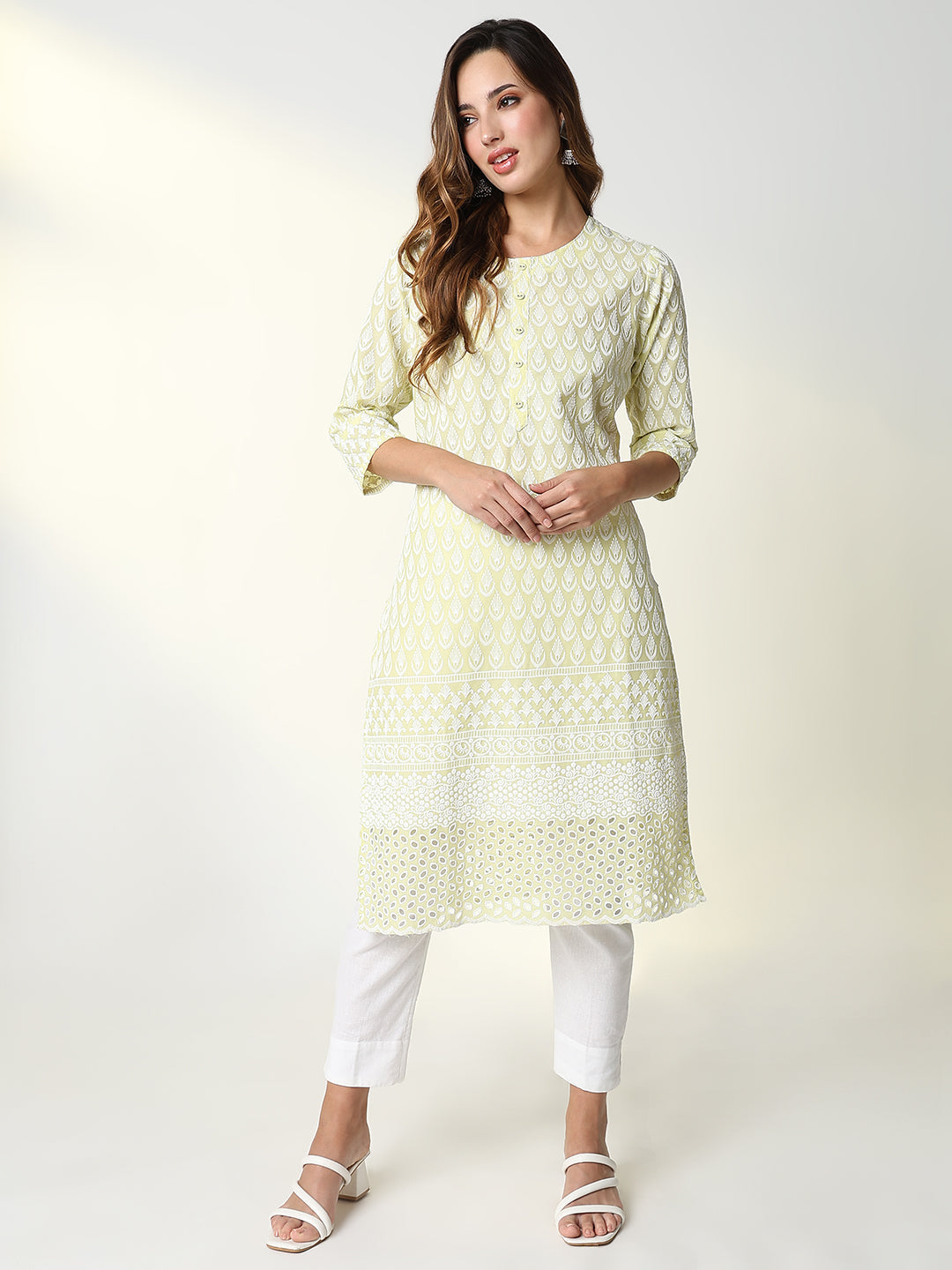 Women Yellow Embroidered Straight Kurta