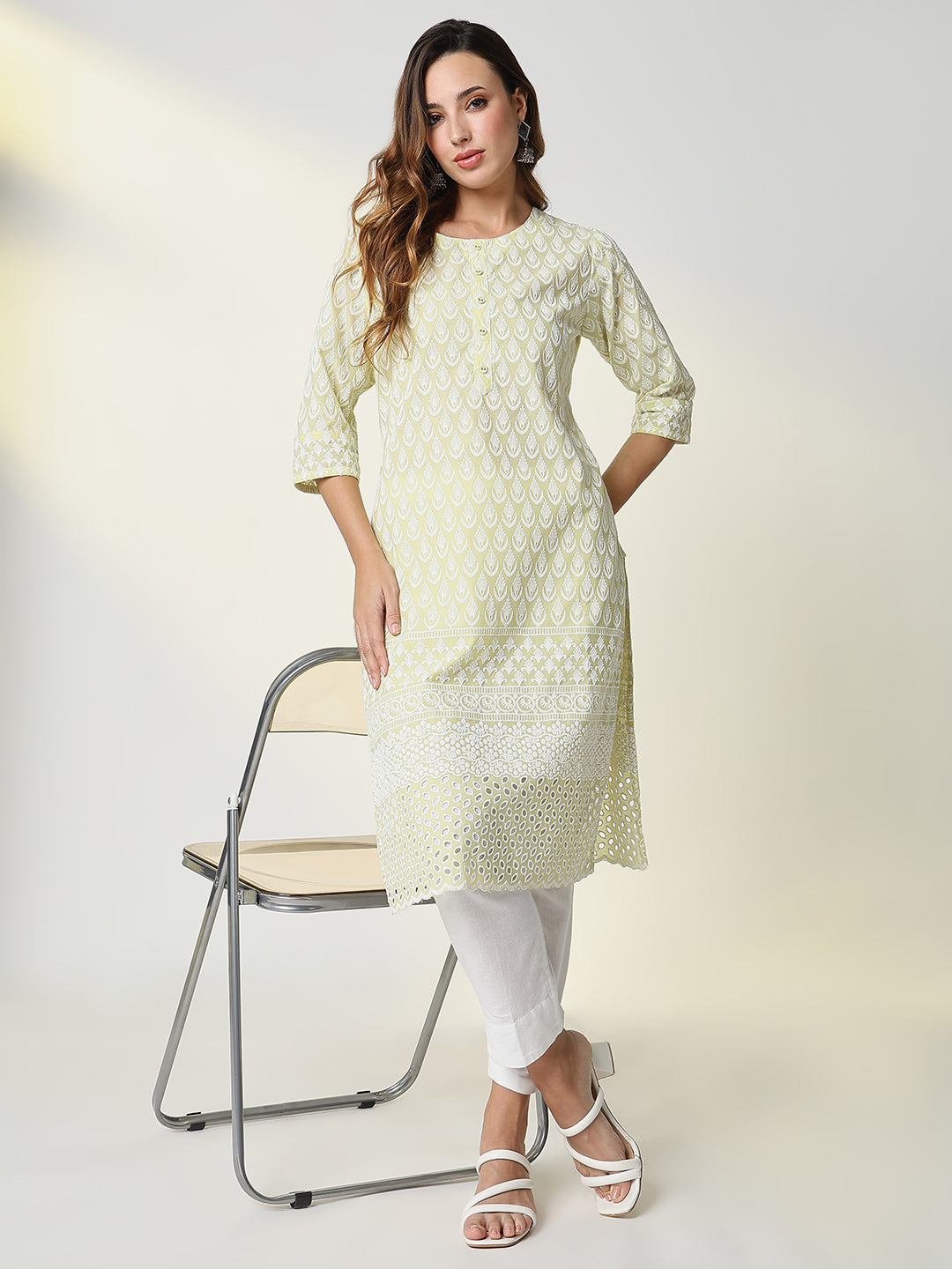 Women Yellow Embroidered Straight Kurta