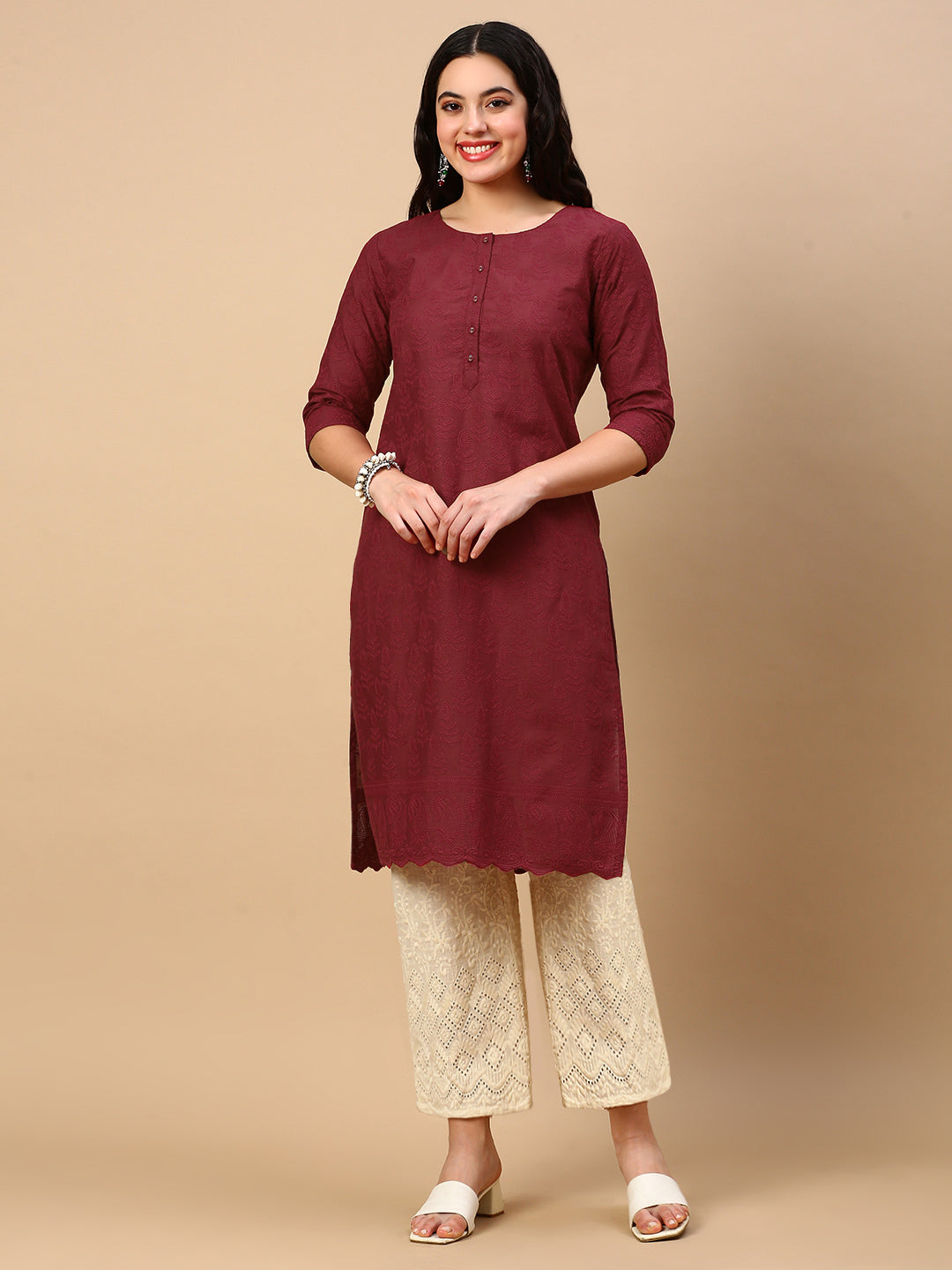 Women Red Solid Straight Kurta