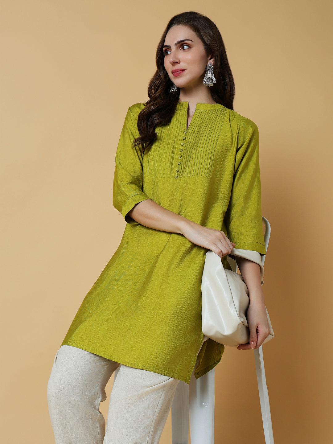 Women Green Solid Straight Kurti