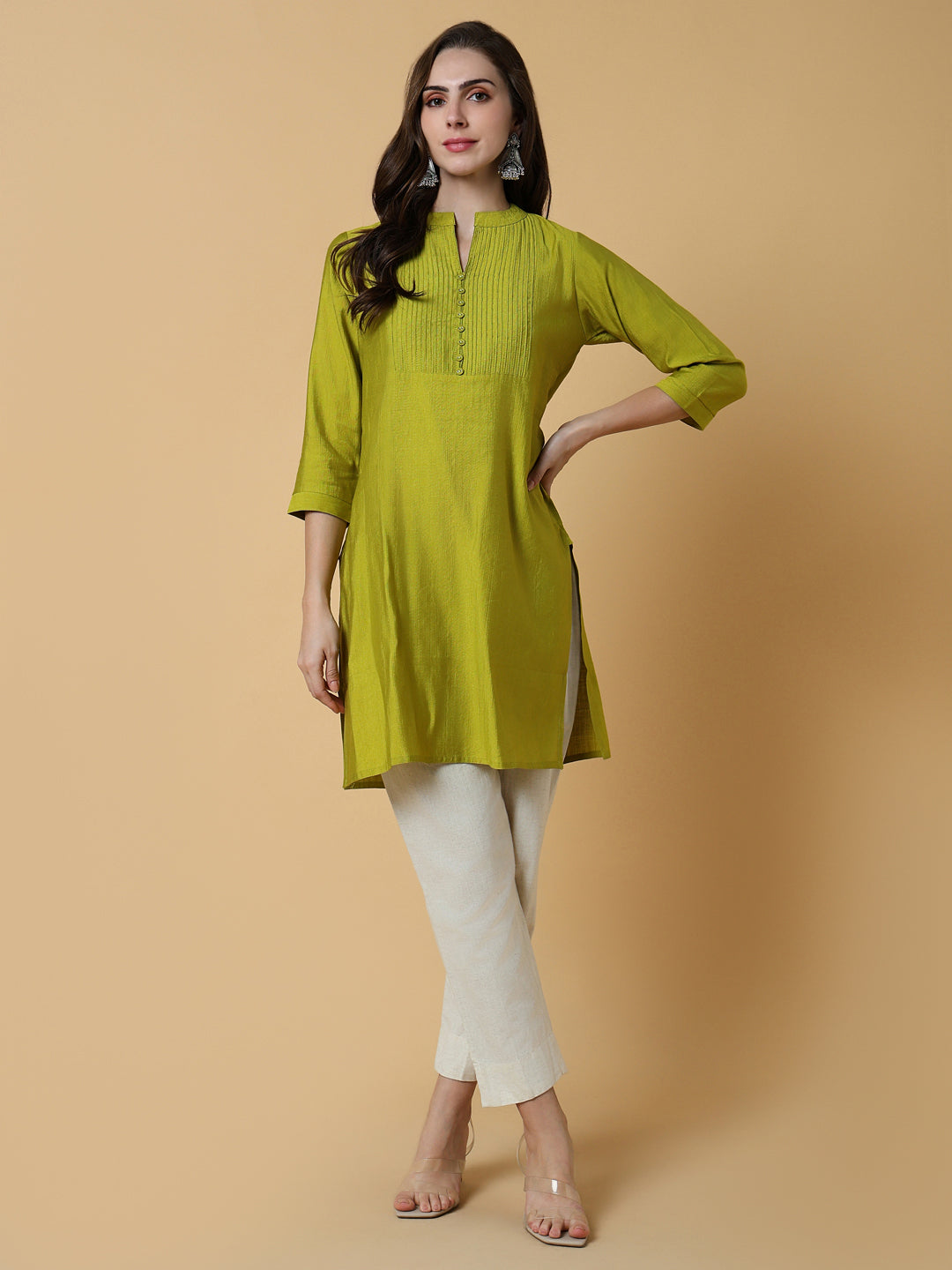 Women Green Solid Straight Kurti