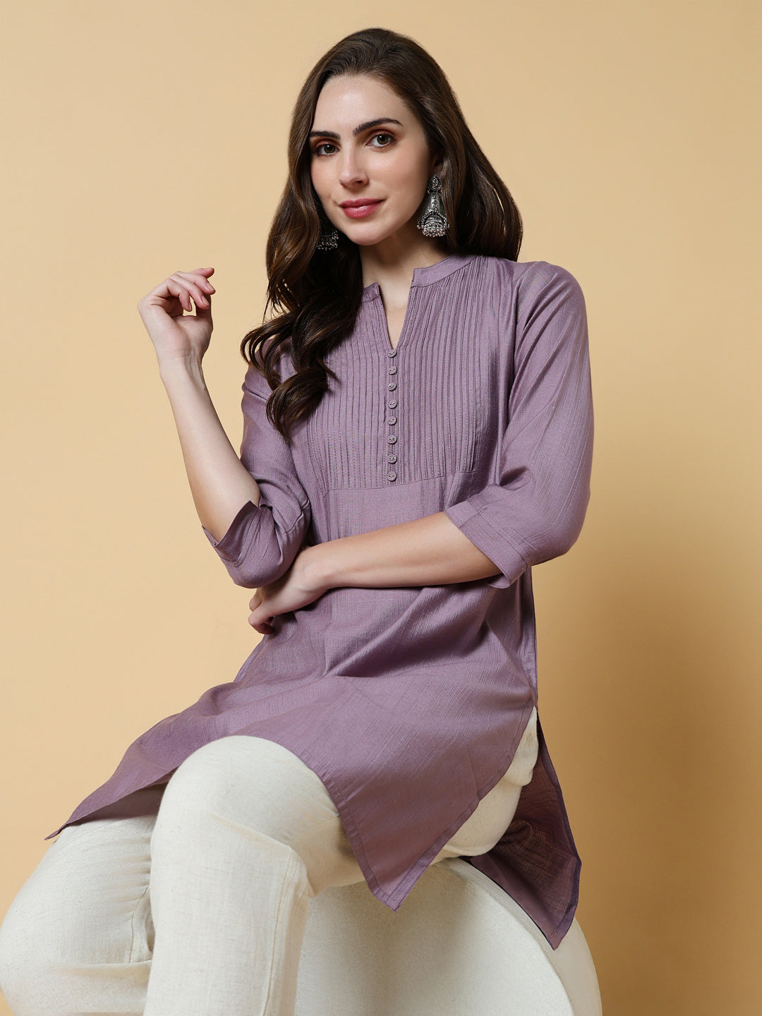 Women Lavender Solid Straight Kurti