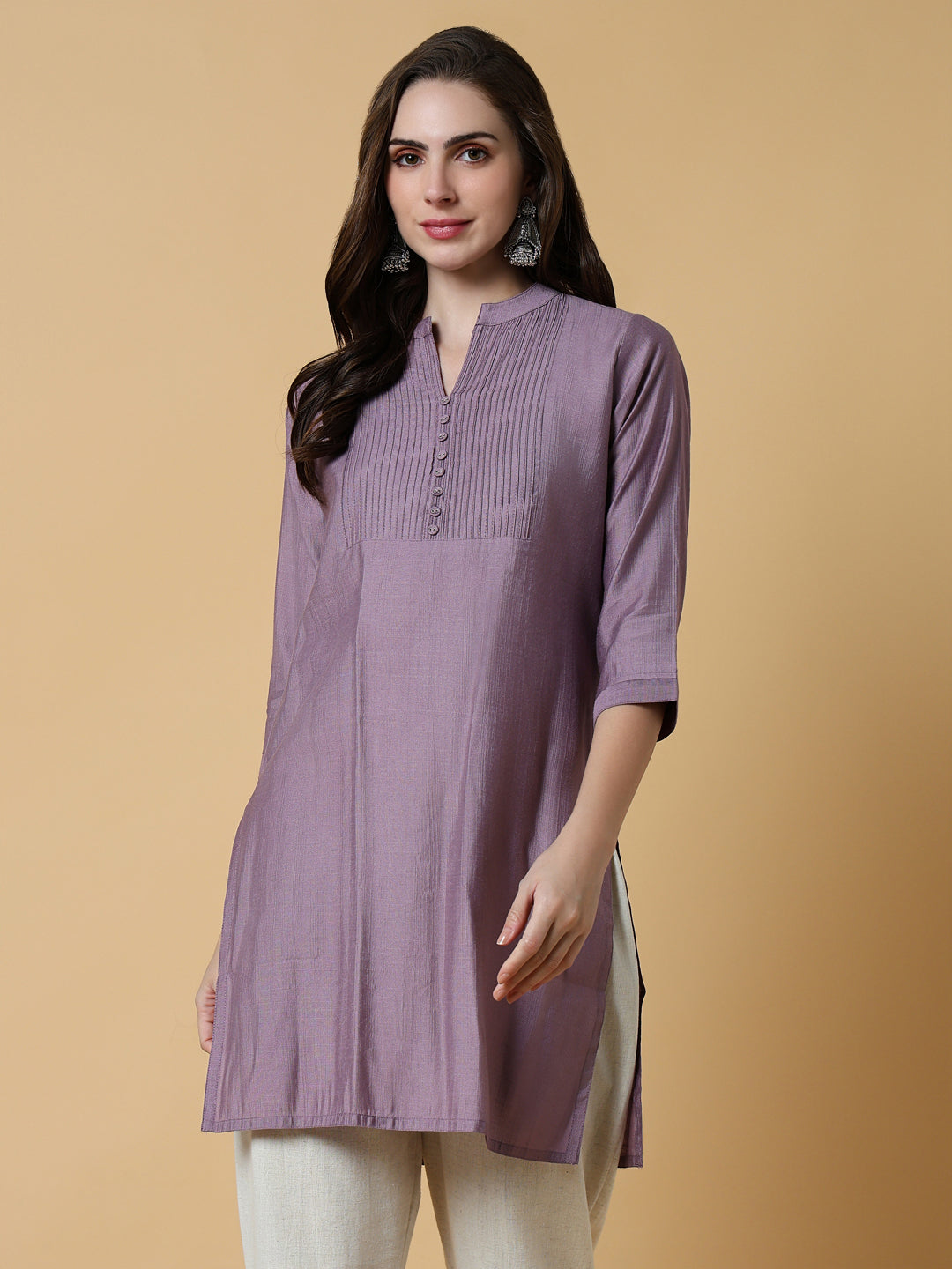 Women Lavender Solid Straight Kurti