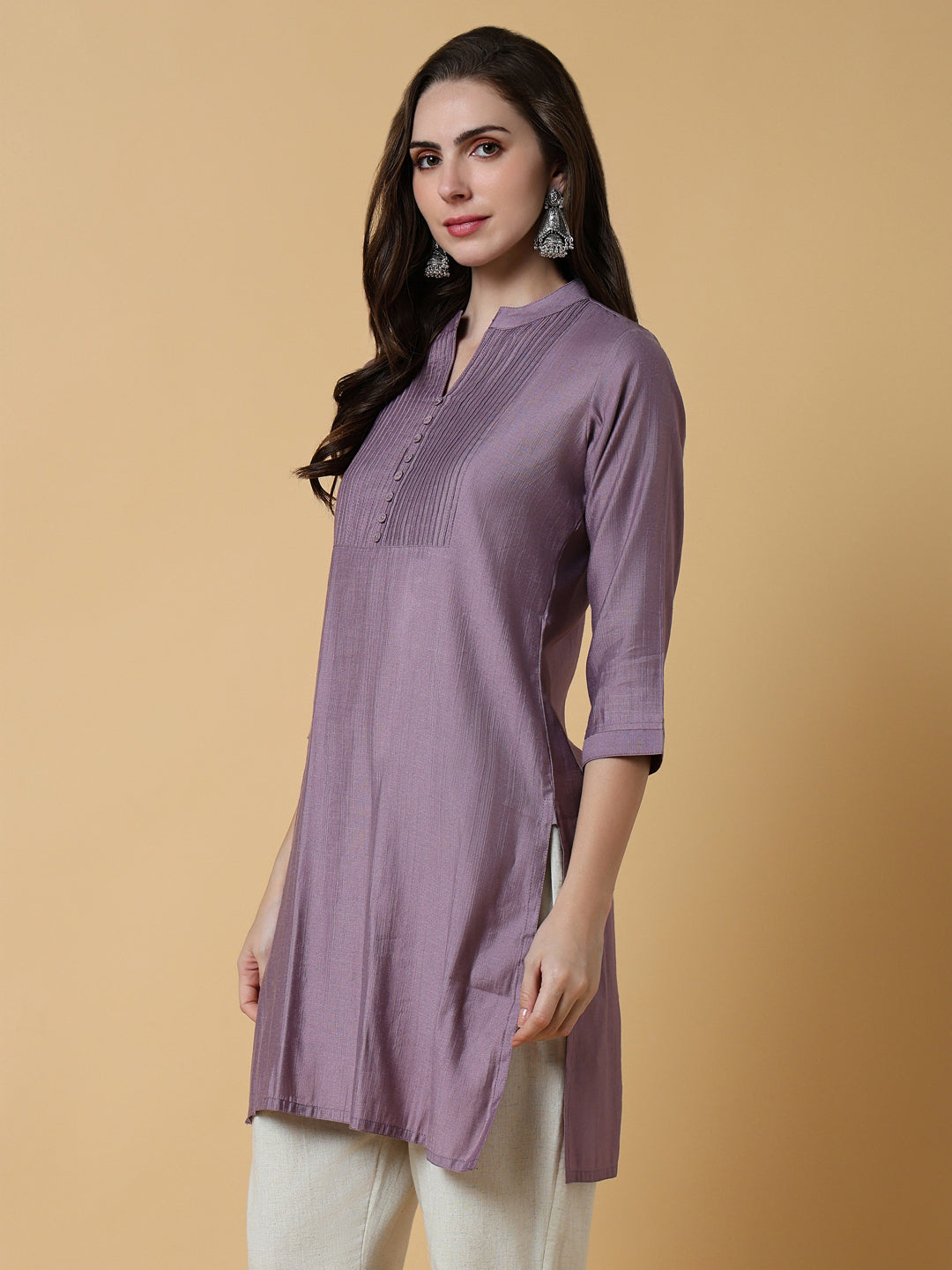 Women Lavender Solid Straight Kurti