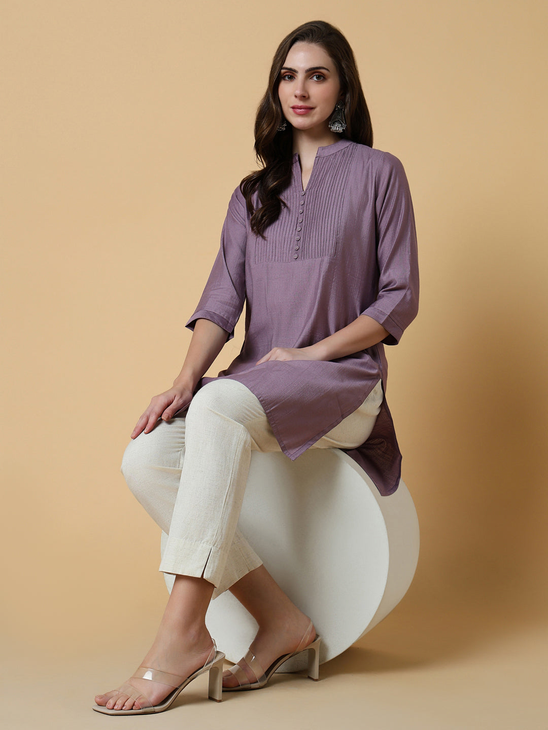 Women Lavender Solid Straight Kurti