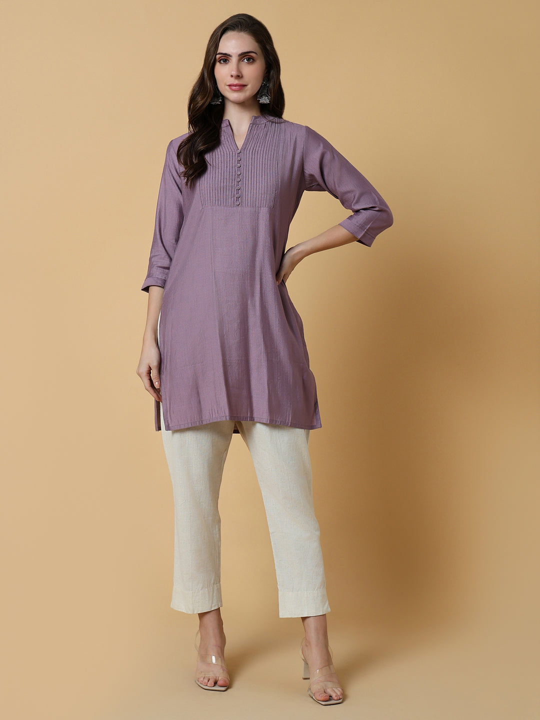 Women Lavender Solid Straight Kurti