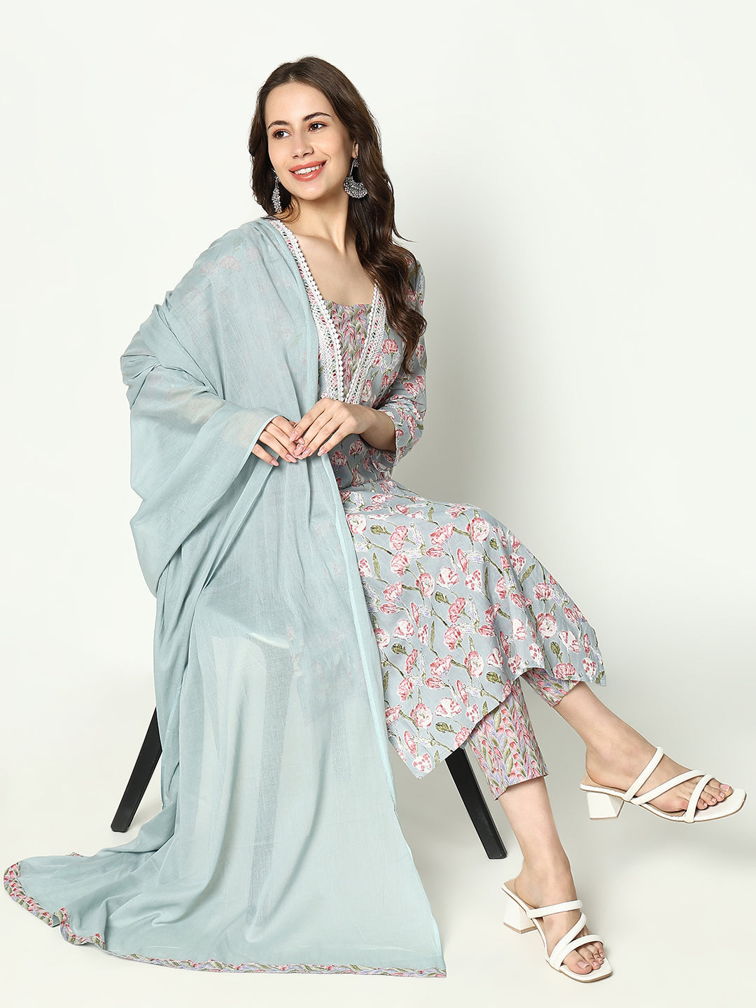 Women Floral Sea Green Kurta Set with Dupatta