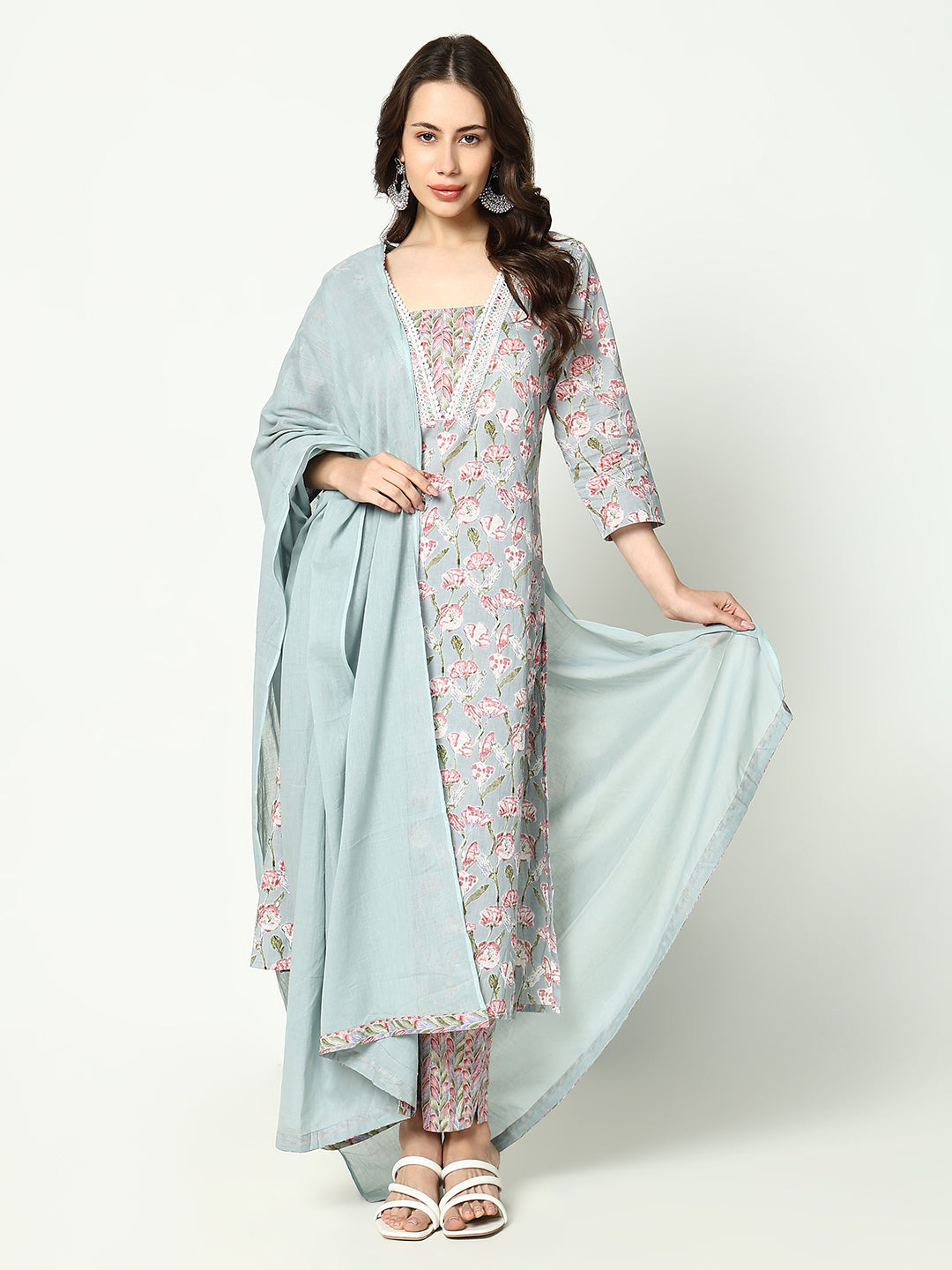 Women Floral Sea Green Kurta Set with Dupatta