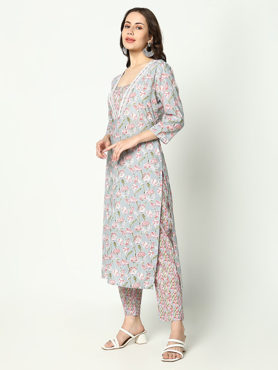 Women Floral Sea Green Kurta Set with Dupatta