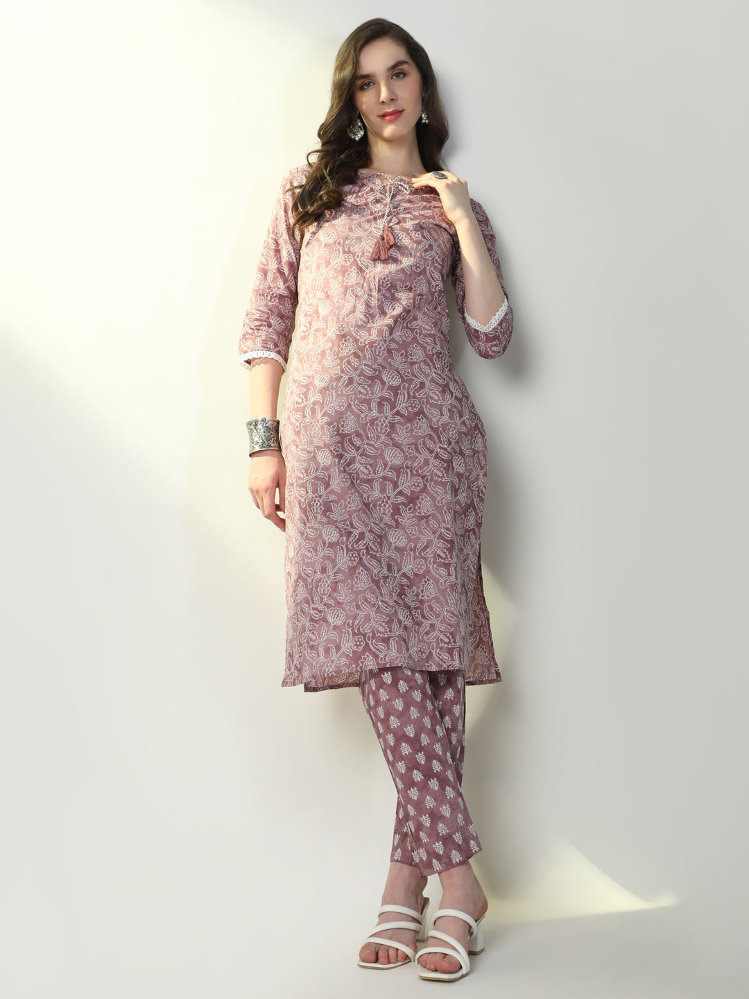 Women Purple Floral Straight Kurta Set