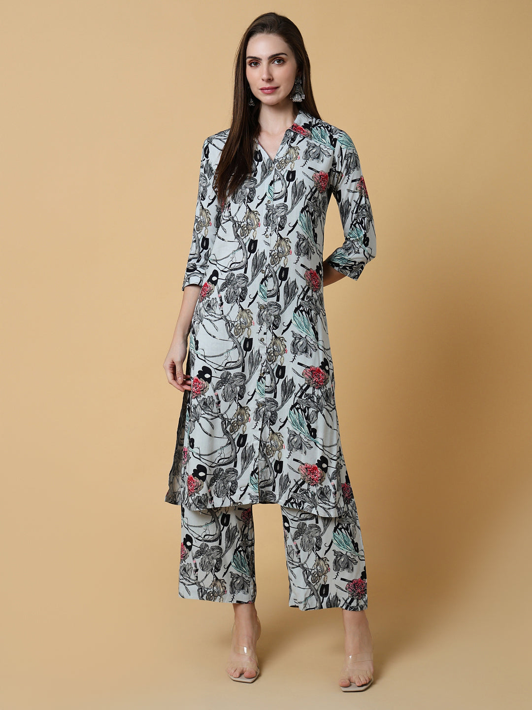 Women Floral Grey Straight Kurta Set