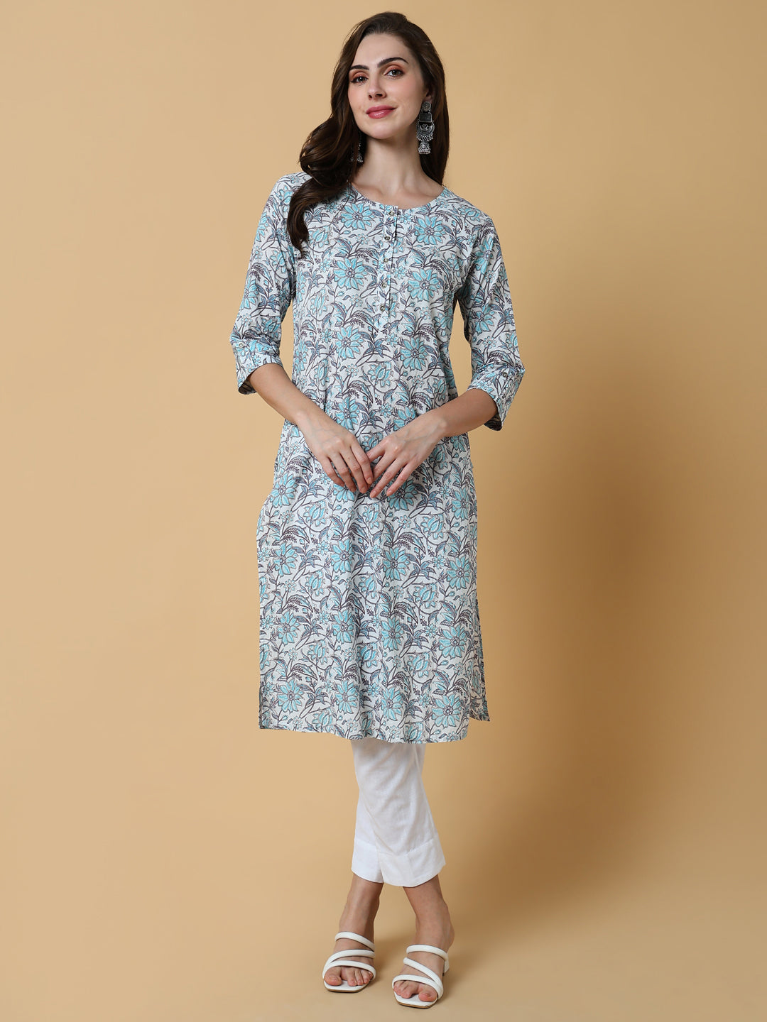 Women Blue Floral Straight Kurta