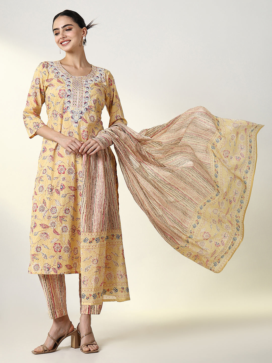 Women Floral Yellow Straight Kurta Set with Dupatta