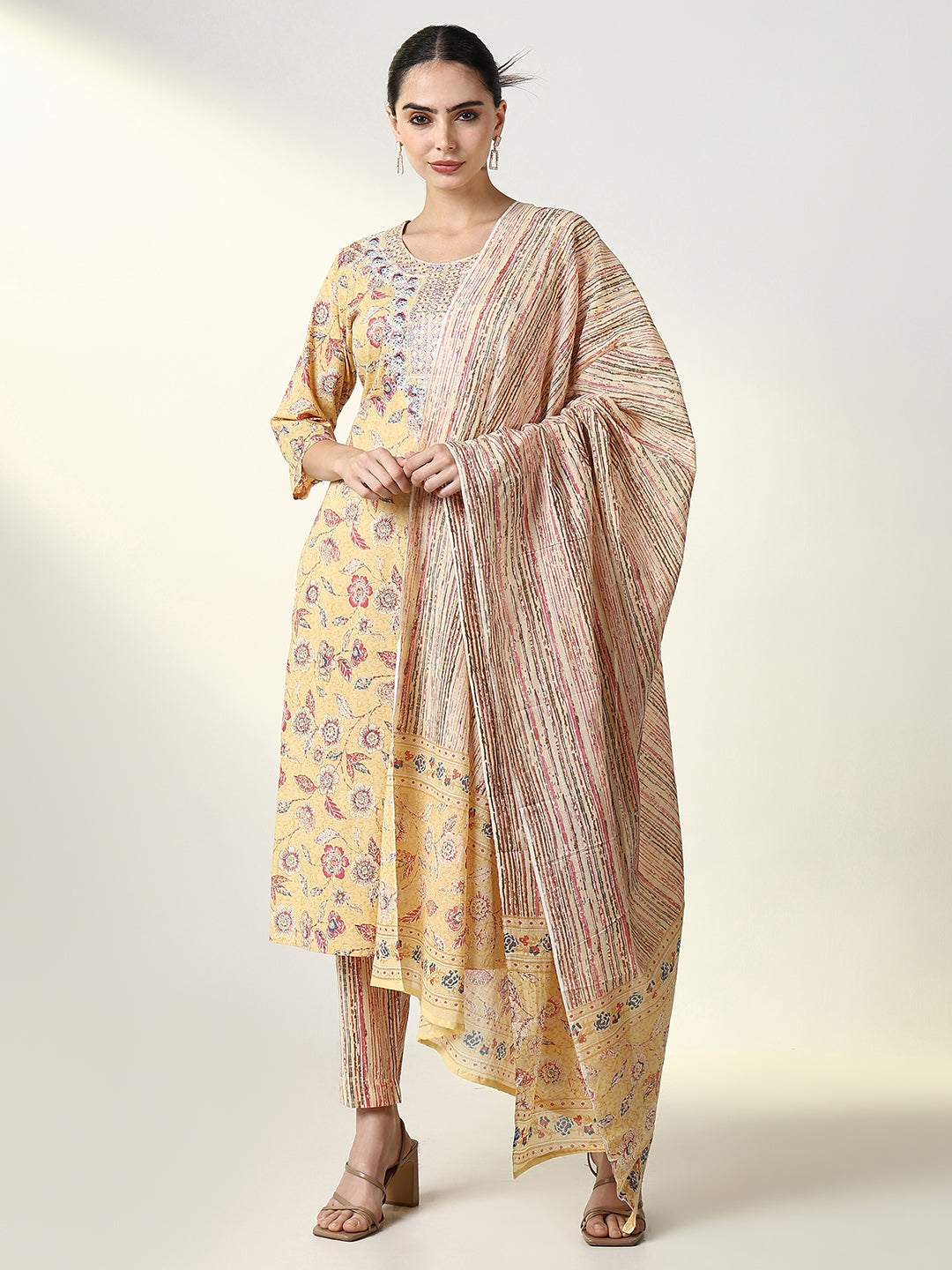 Women Floral Yellow Straight Kurta Set with Dupatta