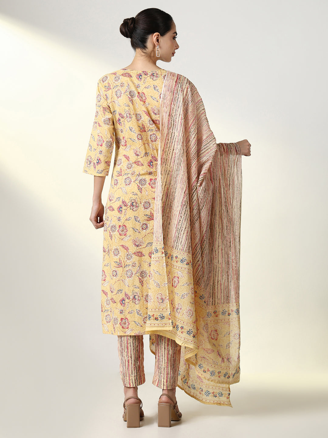 Women Floral Yellow Straight Kurta Set with Dupatta