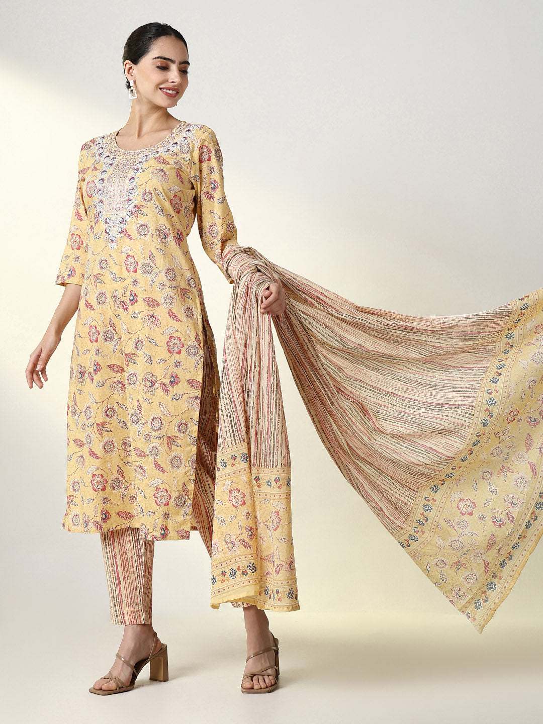 Women Floral Yellow Straight Kurta Set with Dupatta