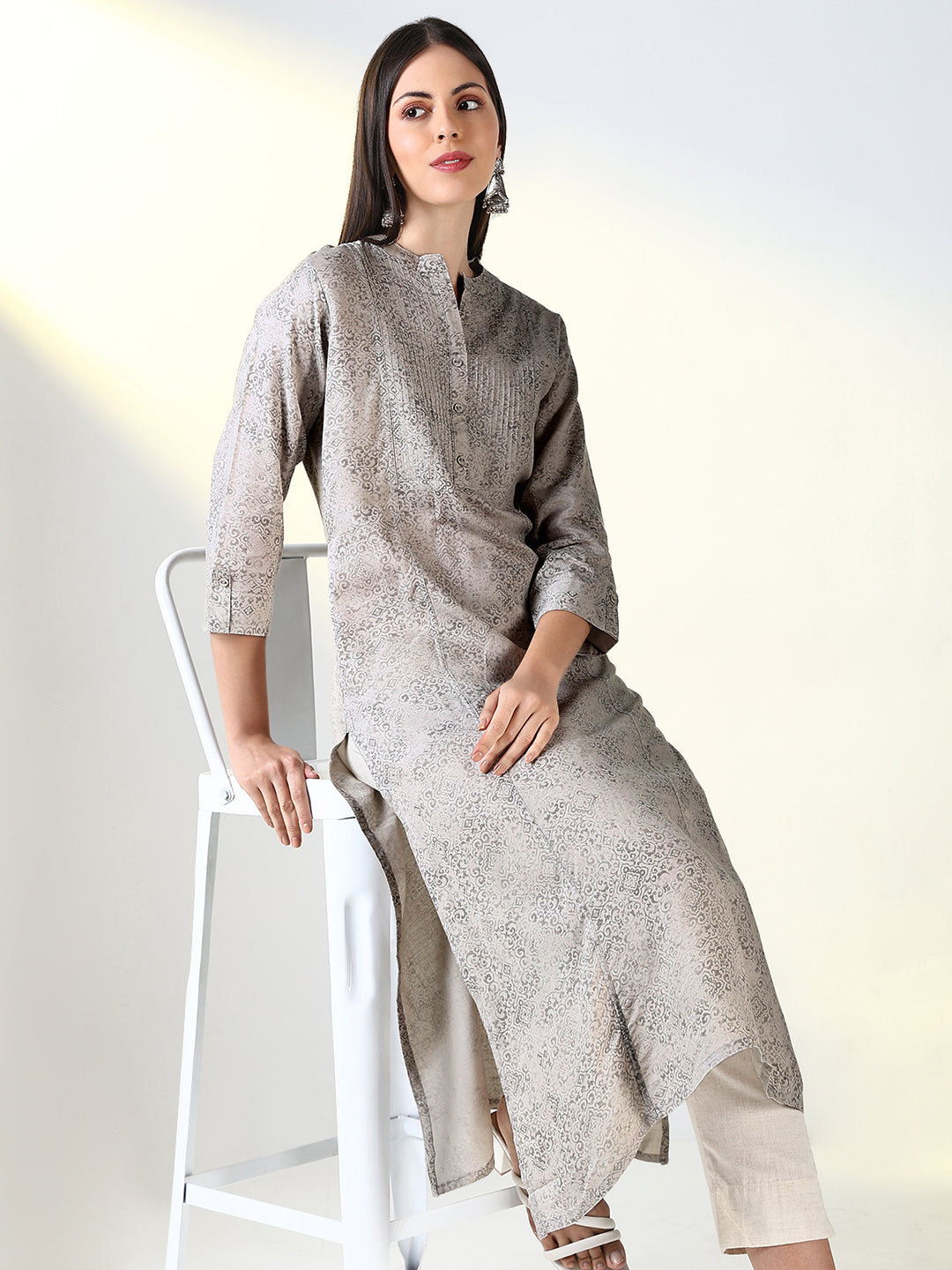 Women Grey Ethnic Motifs A Line Kurta