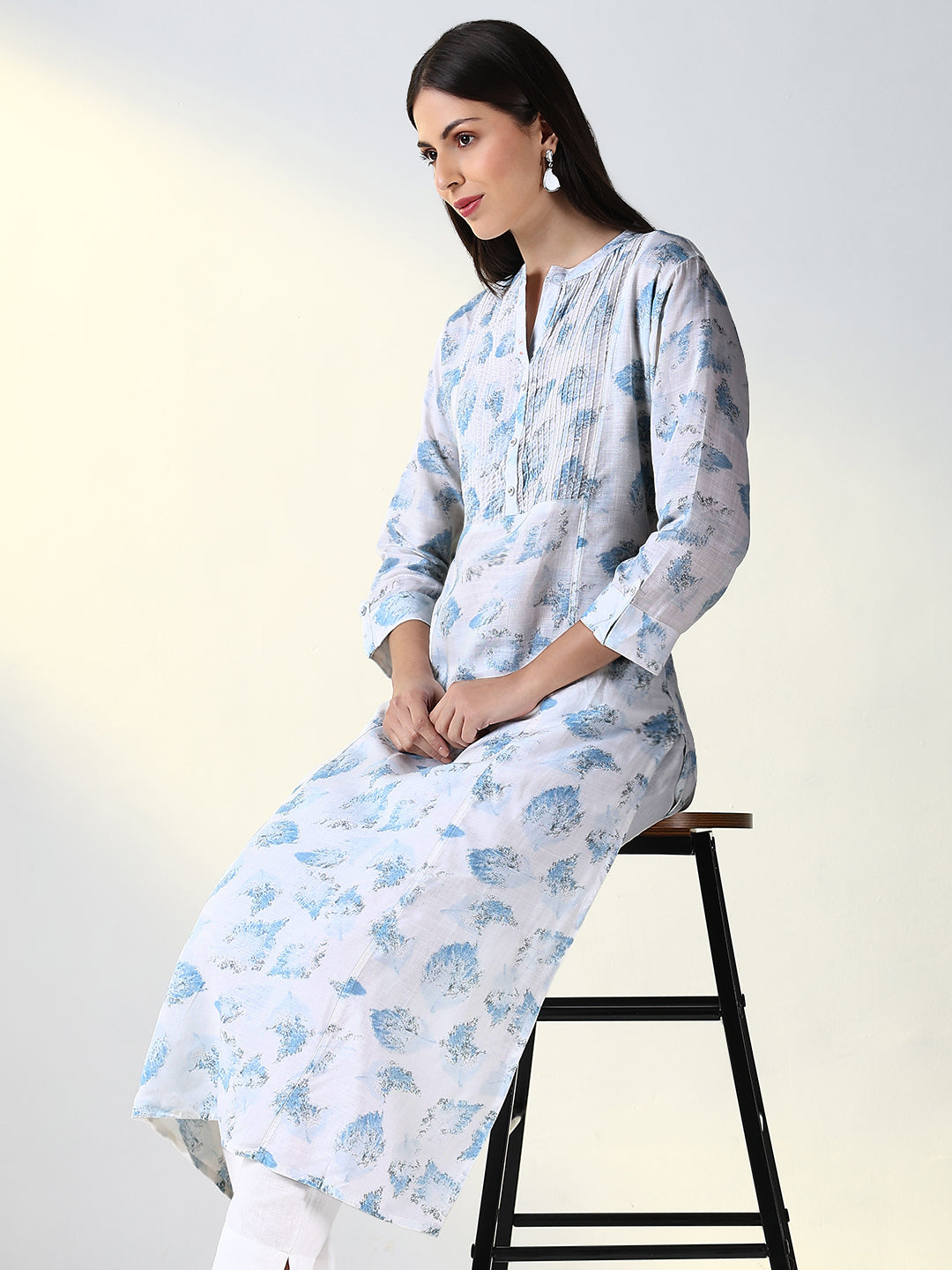 Women White Abstract A Line Kurta