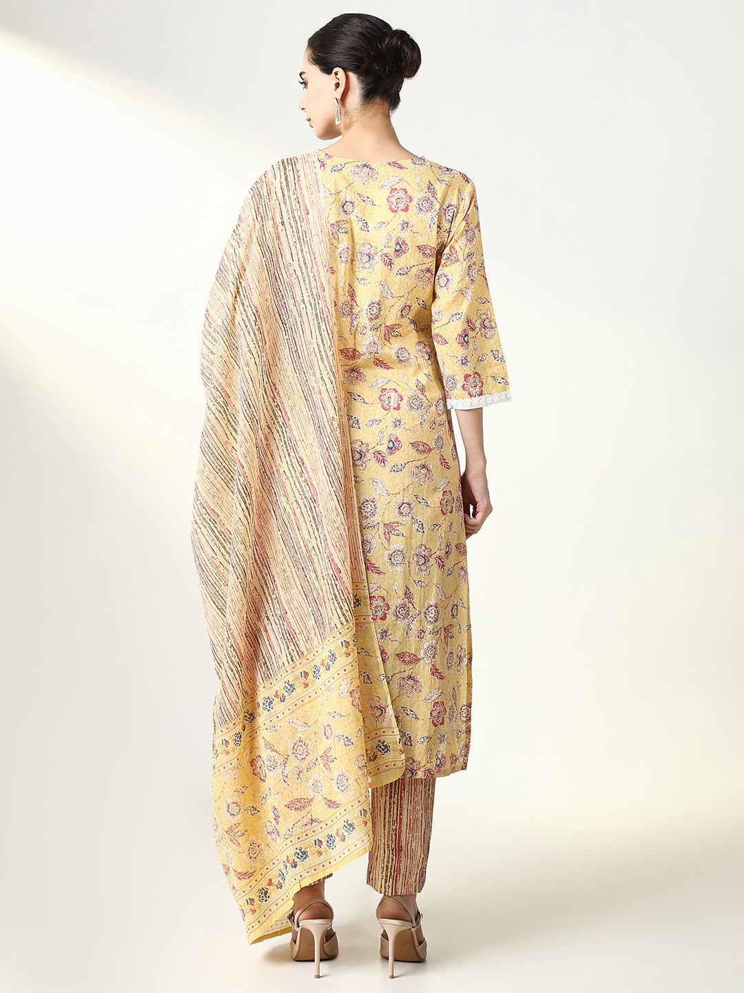 Women Floral Yellow Straight Kurta Set with Dupatta