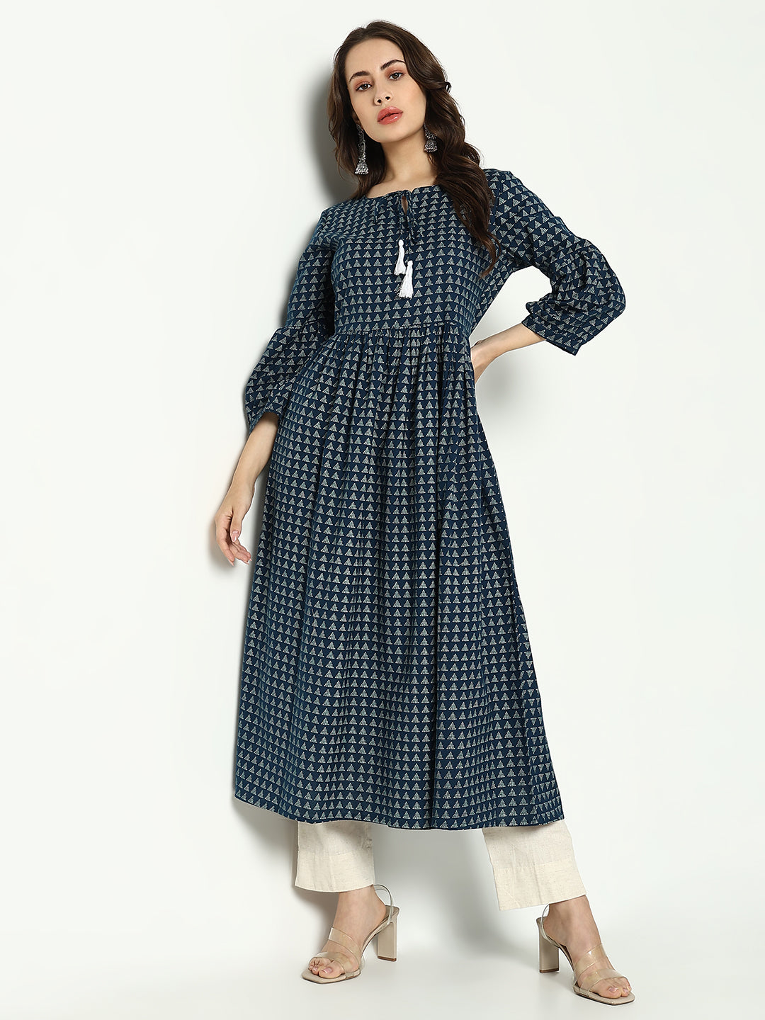 Women Teal Geometrical Fit and Flare Kurta