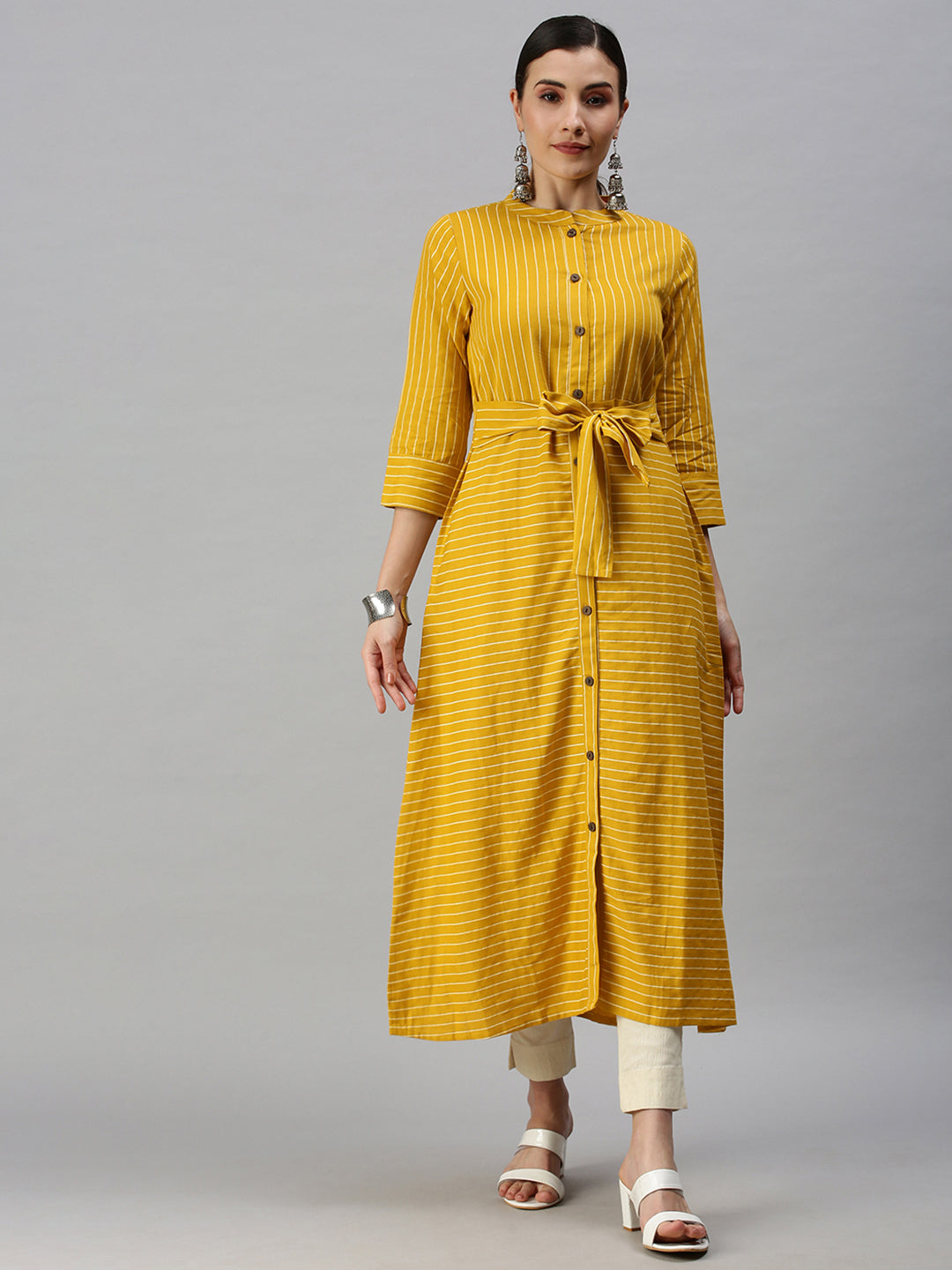 Women Mandarin Collar Printed Yellow A-Line Kurta
