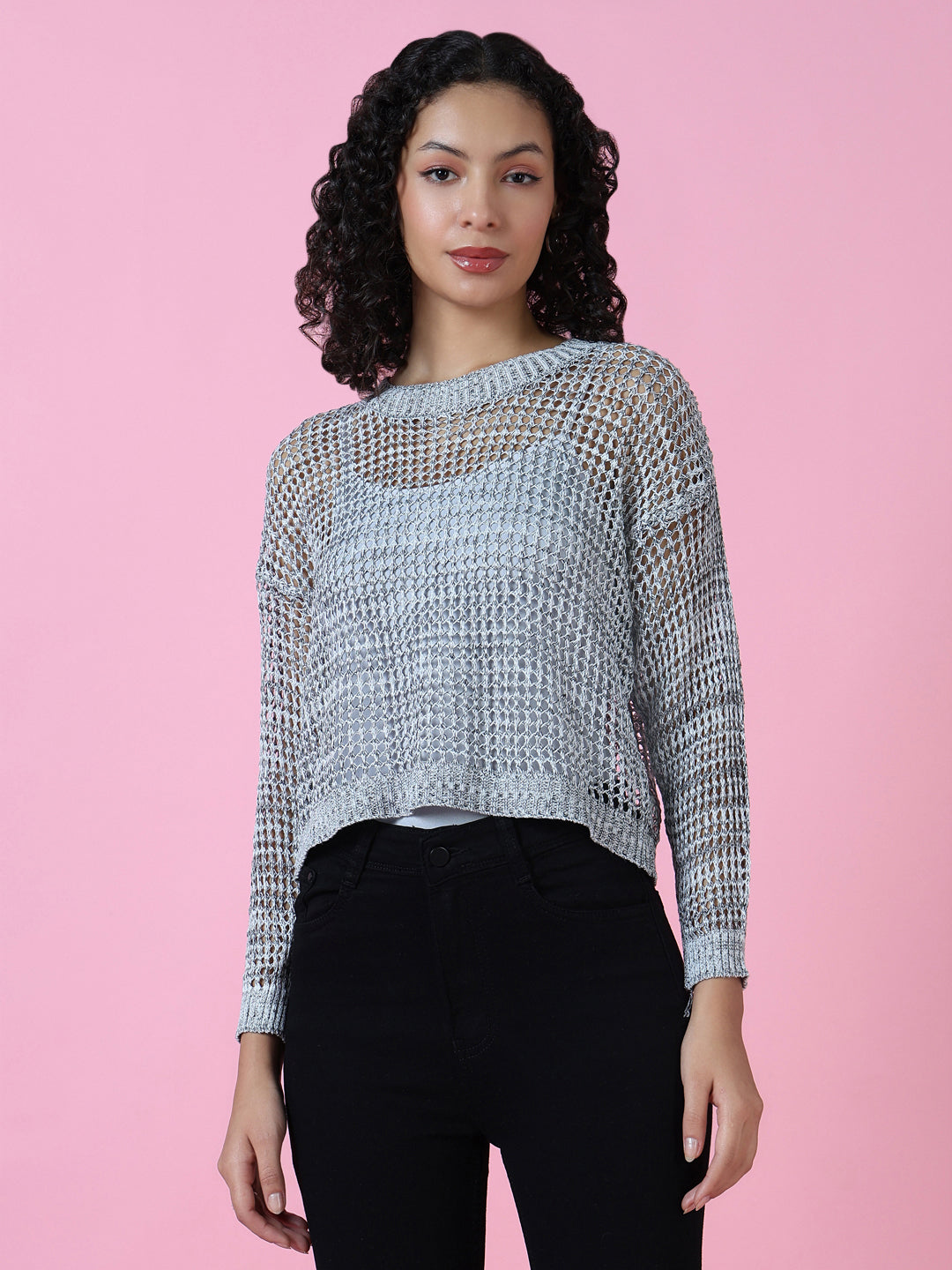 Women Grey Solid Crochet Top