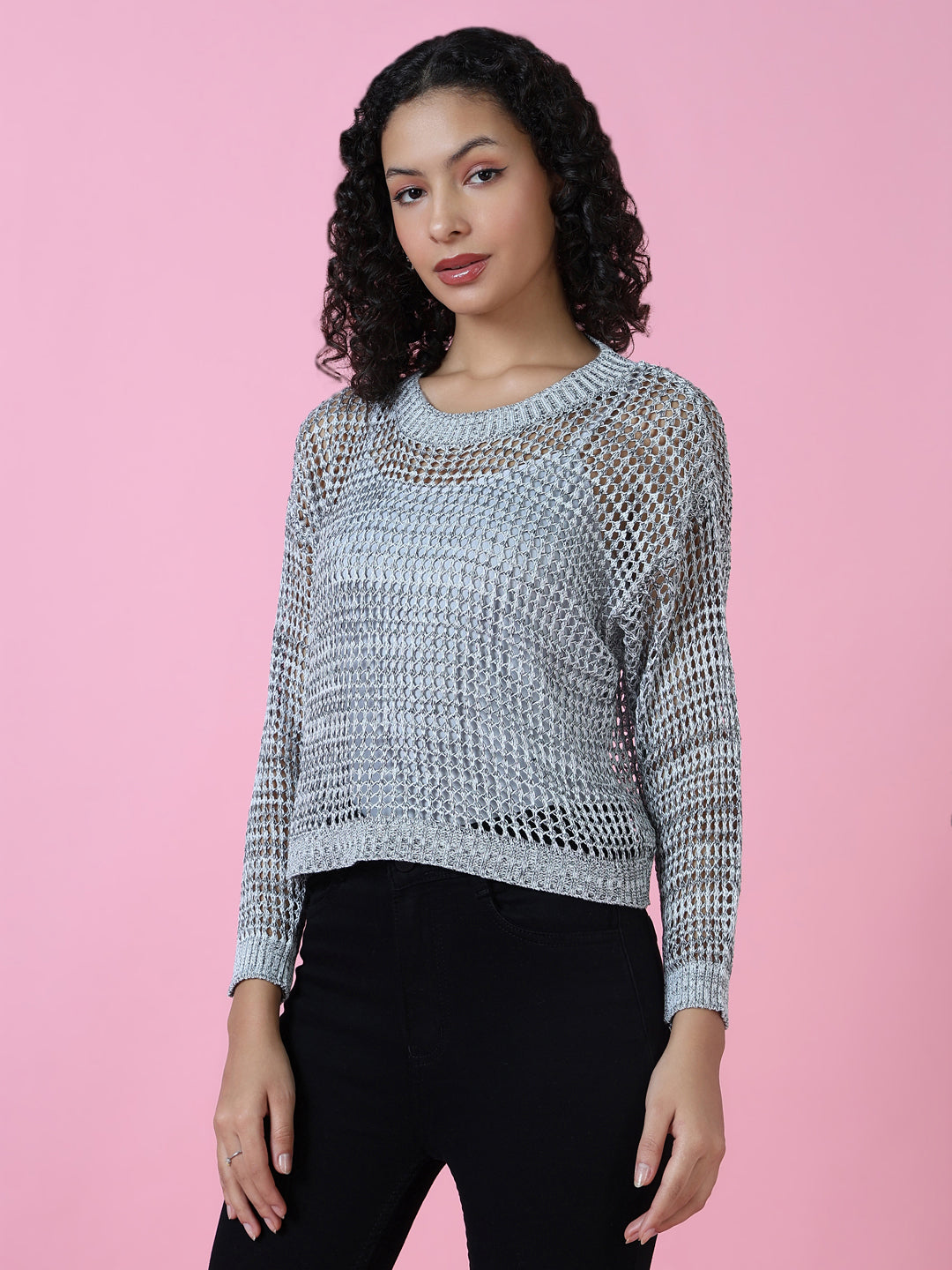 Women Grey Solid Crochet Top