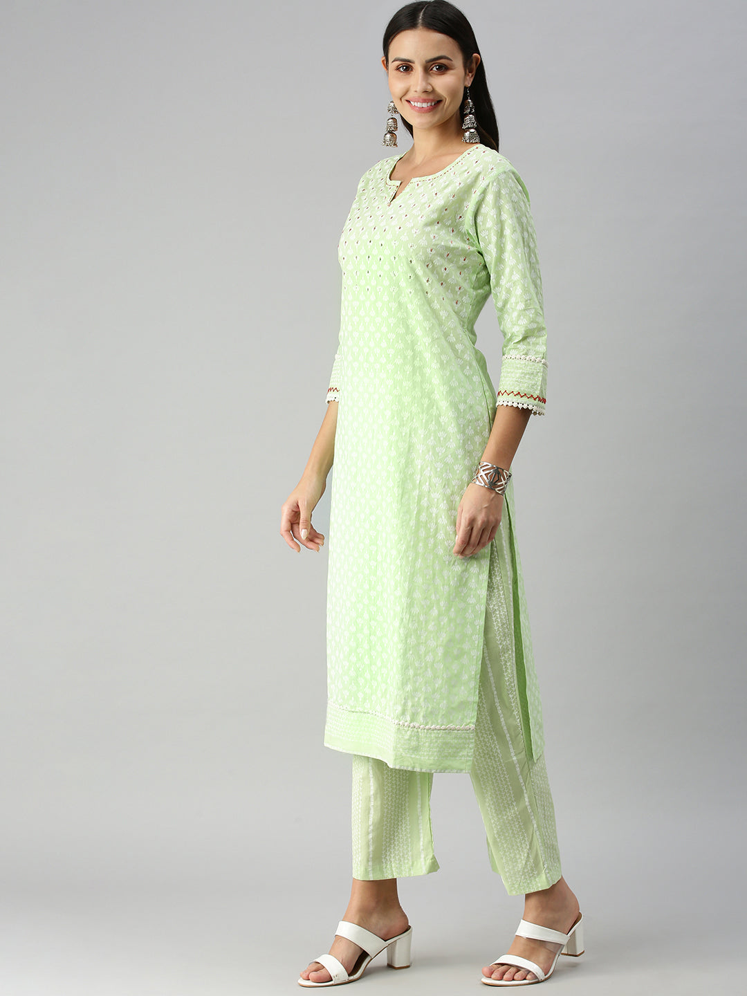 Women Straight Green Printed Kurta and Palazzos