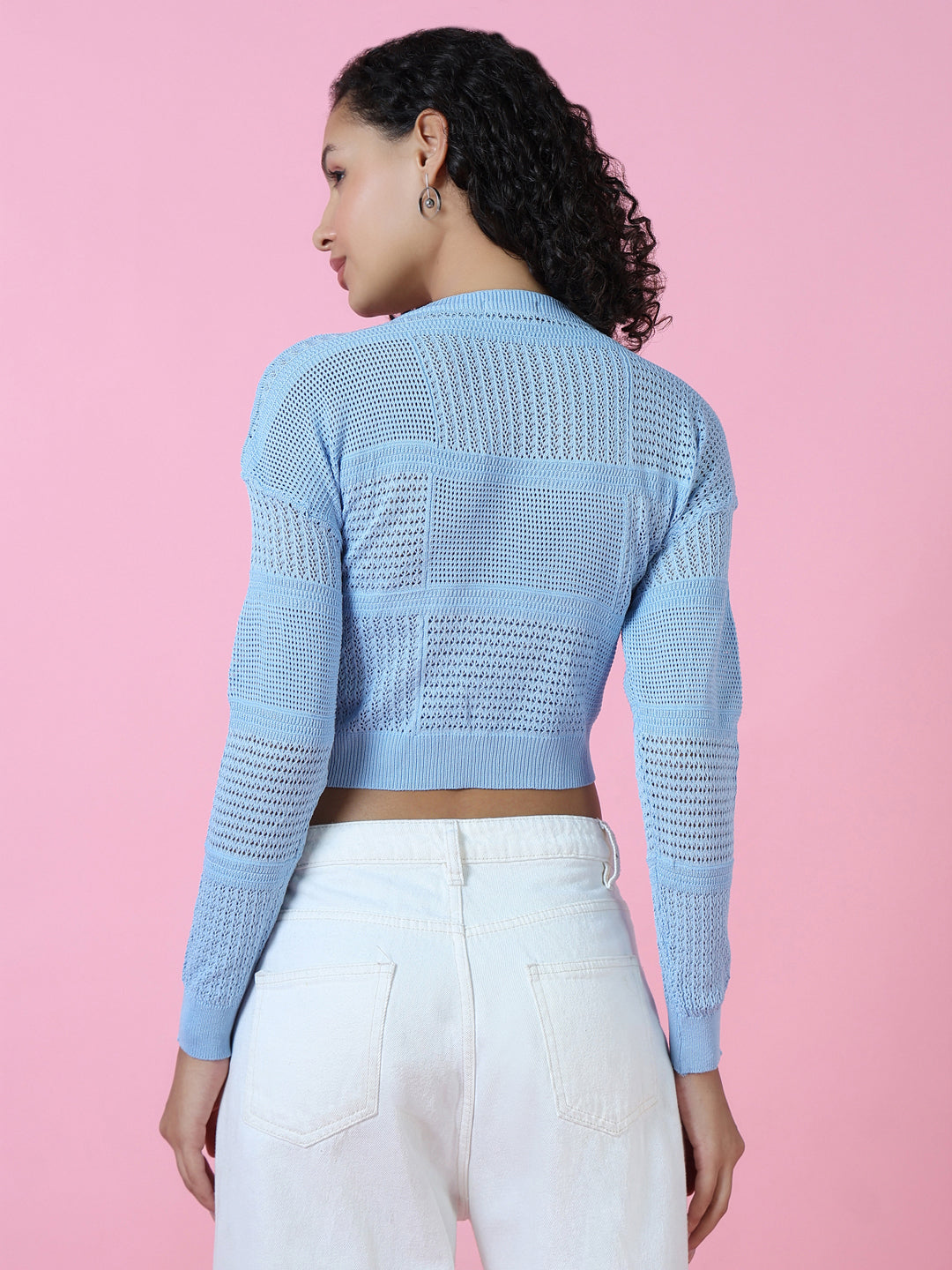 Women Blue Solid Crochet Crop Top