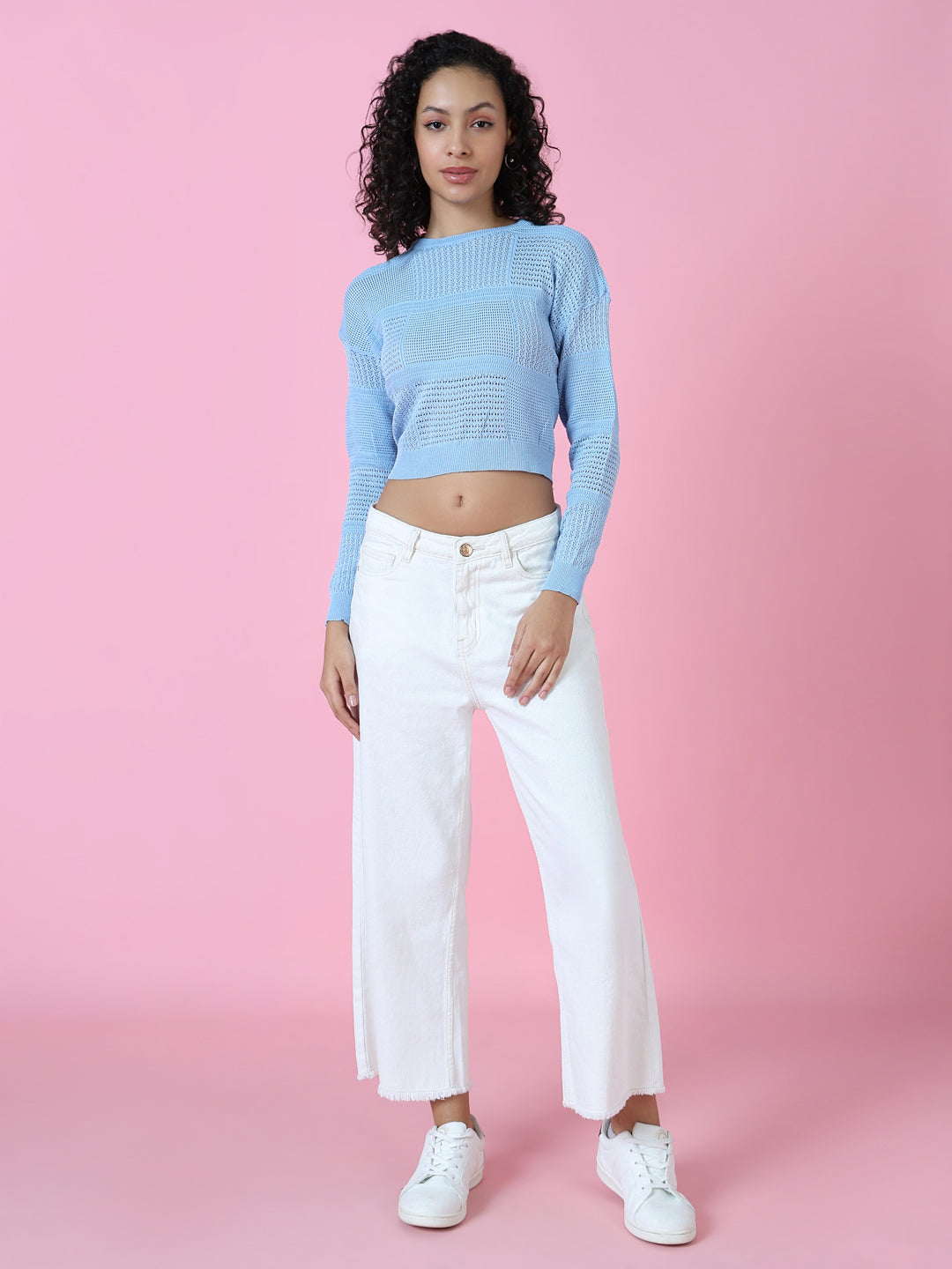 Women Blue Solid Crochet Crop Top