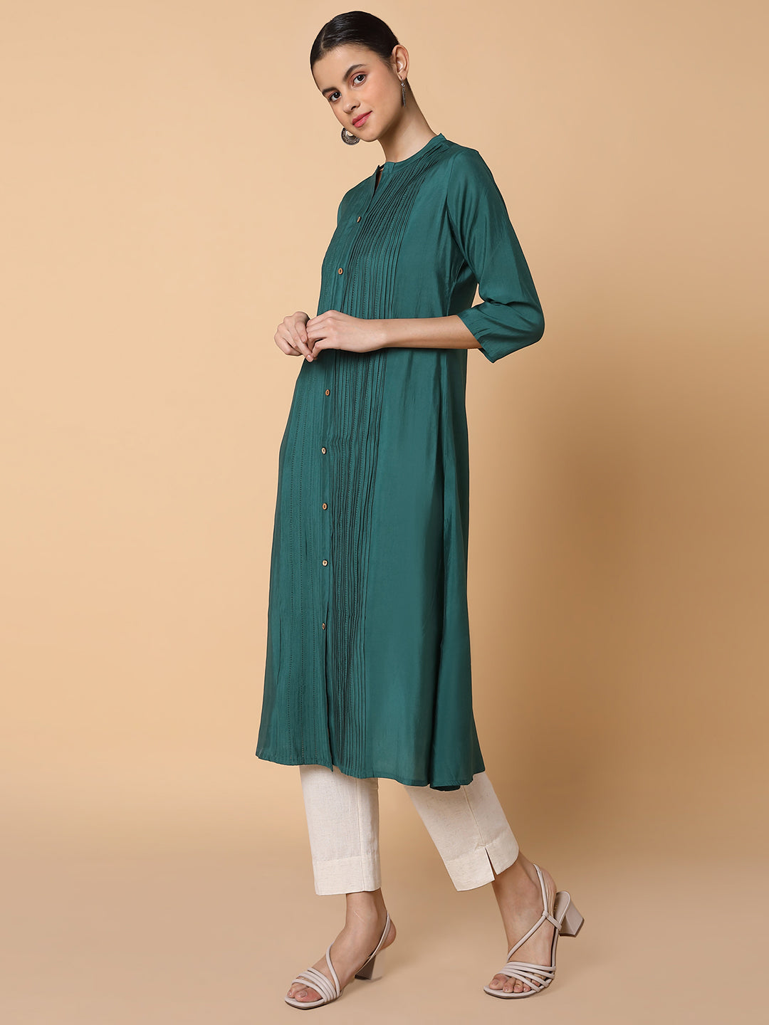 Women Solid Green A Line Kurta