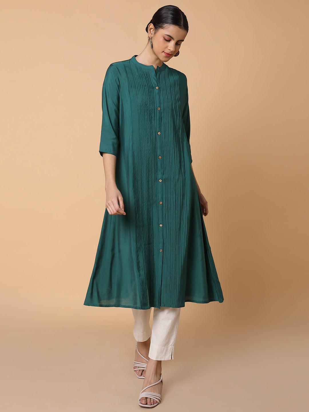 Women Solid Green A Line Kurta