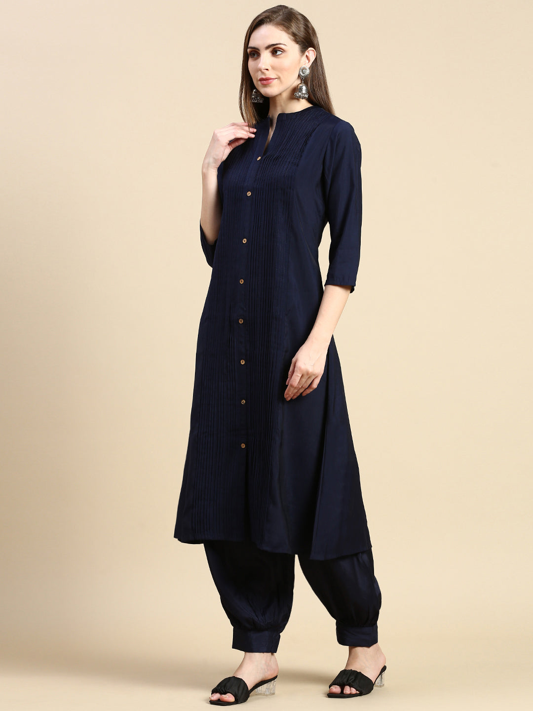 Women Solid Navy Blue A-Line Kurta