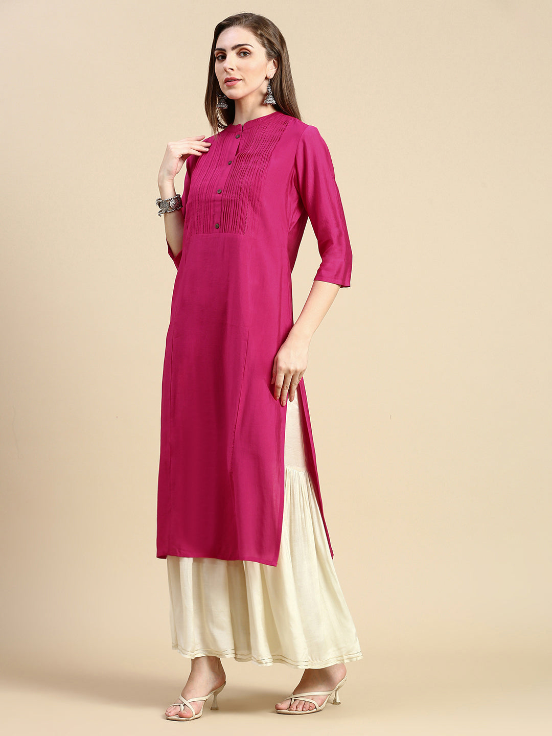 Women Solid Pink Straight Kurta