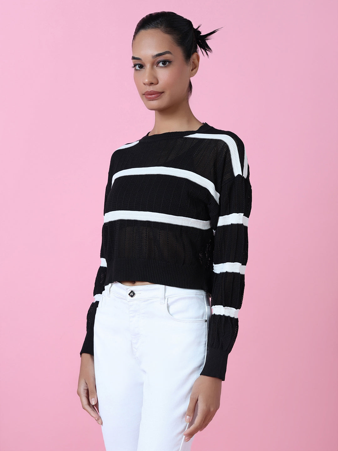 Women Black Striped Crochet Top