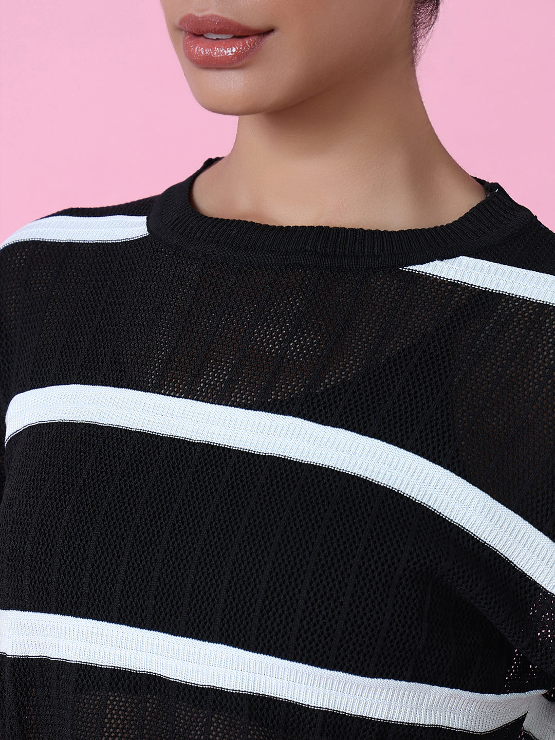 Women Black Striped Crochet Top