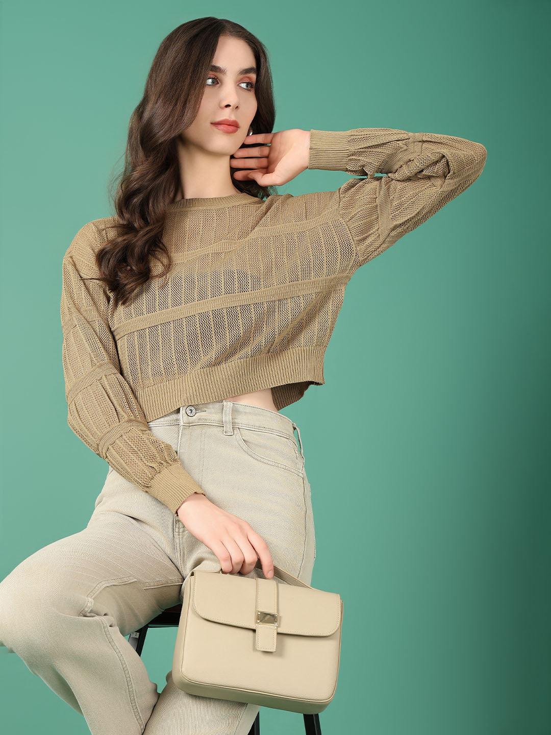 Women Khaki Solid Crochet Top