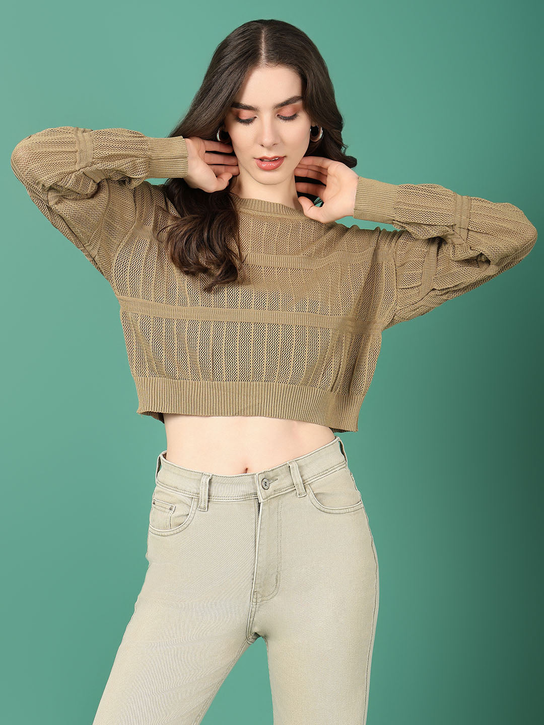 Women Khaki Solid Crochet Top