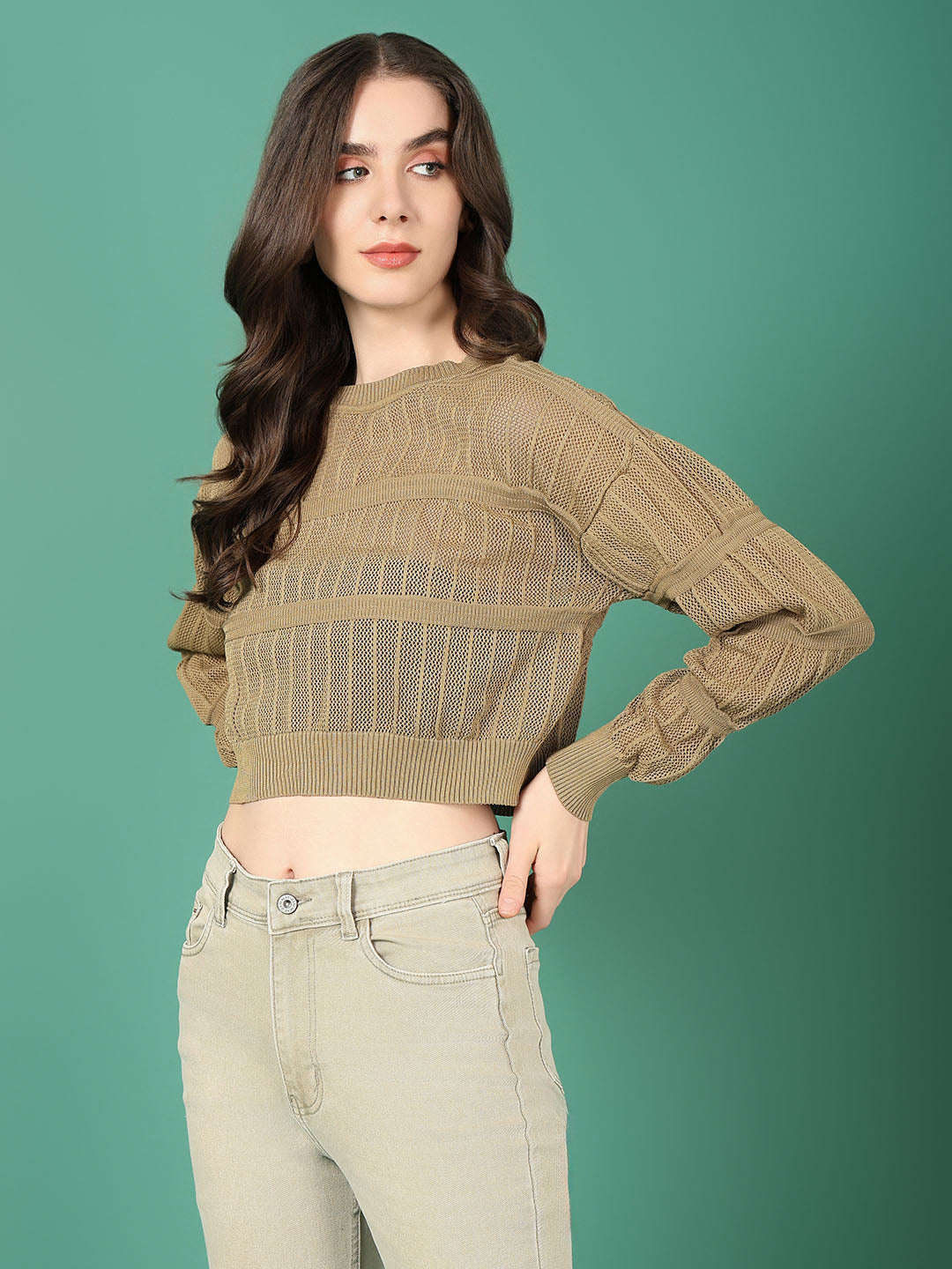 Women Khaki Solid Crochet Top