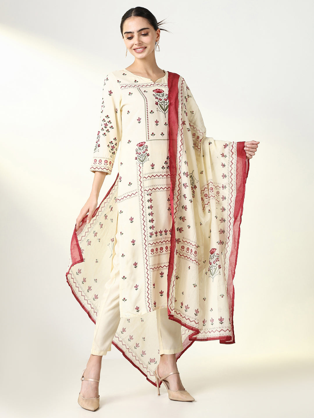 Women Floral Cream Straight Kurta Set with Dupatta