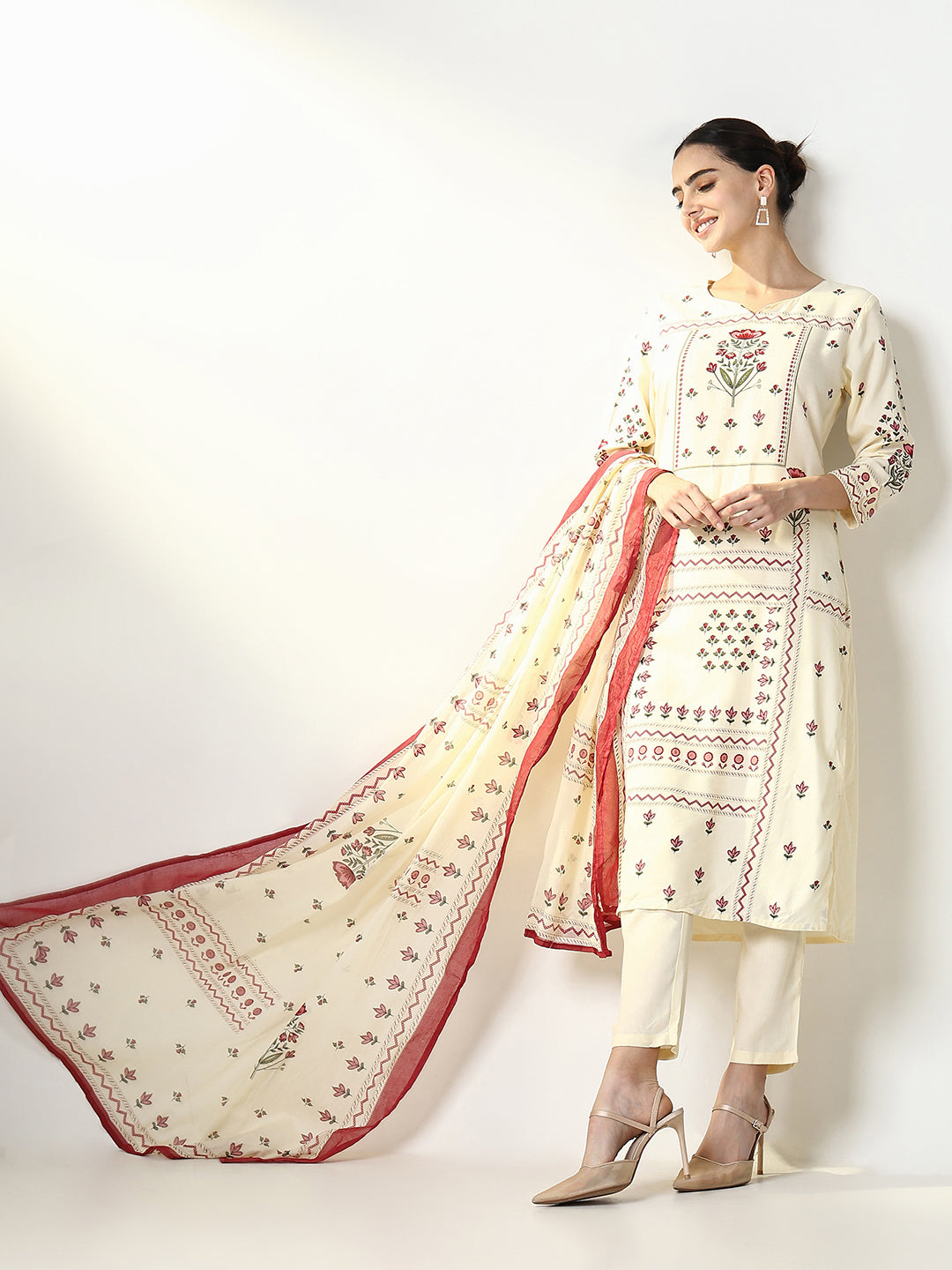 Women Floral Cream Straight Kurta Set with Dupatta