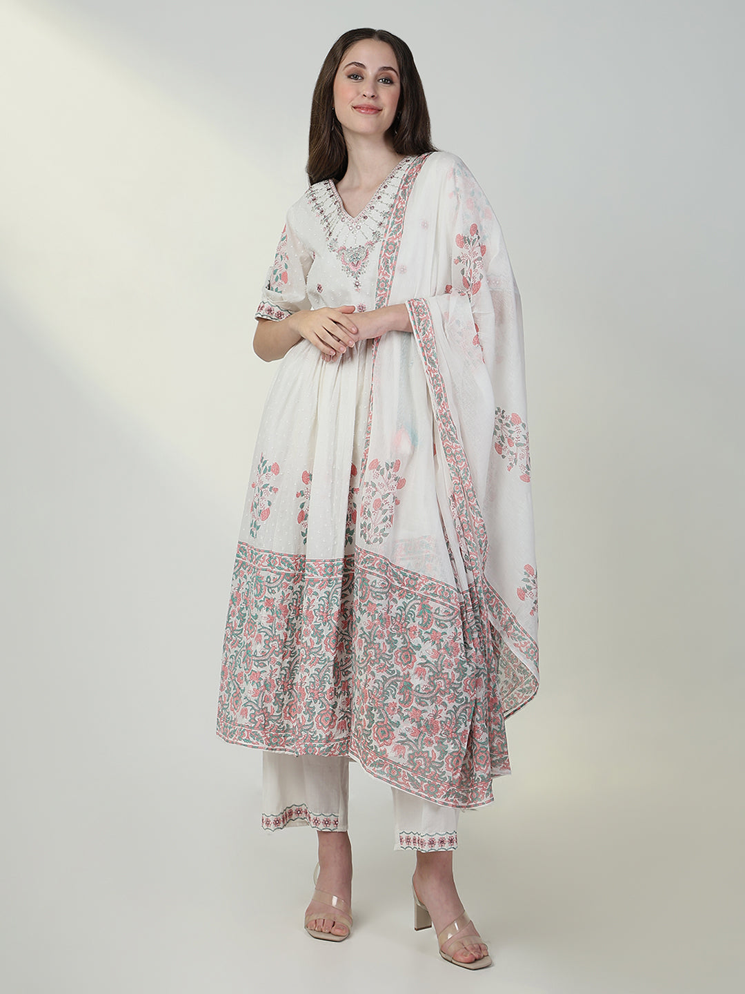 Women Floral White Anarkali Kurta Set with Dupatta