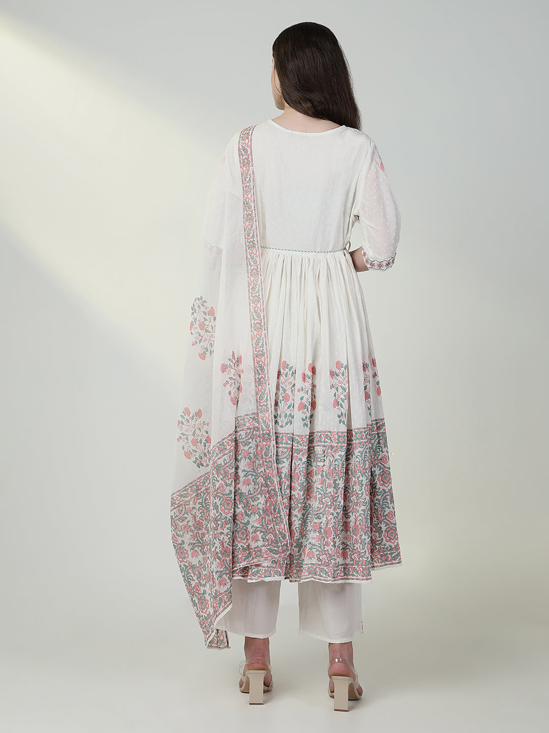 Women Floral White Anarkali Kurta Set with Dupatta